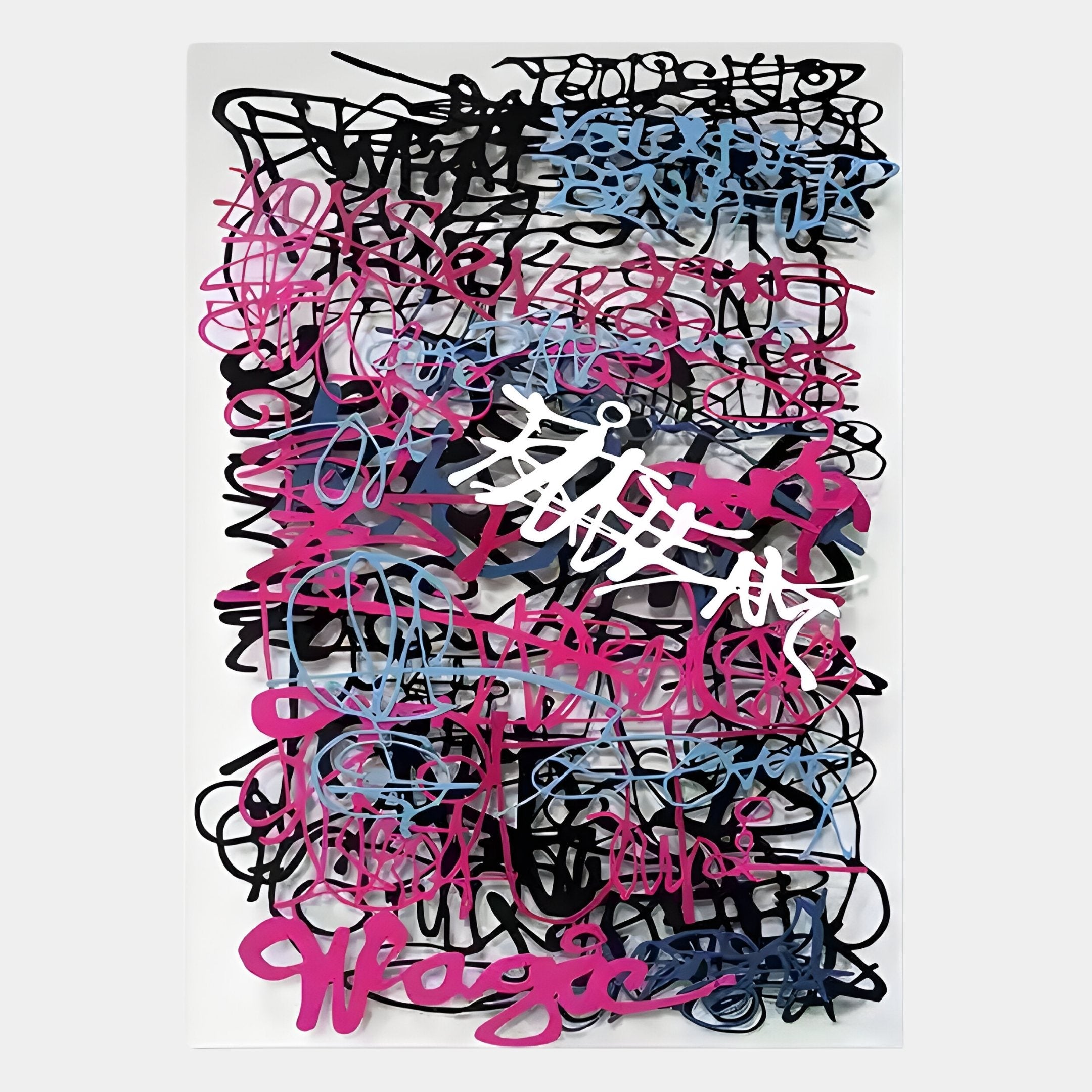 Scriptura III Multicolour Graffiti Expression Metal Wall Art by Giant Sculptures features bold black, blue, magenta, and white scribbles and graffiti-like words on a white backdrop for a striking contemporary abstract look.