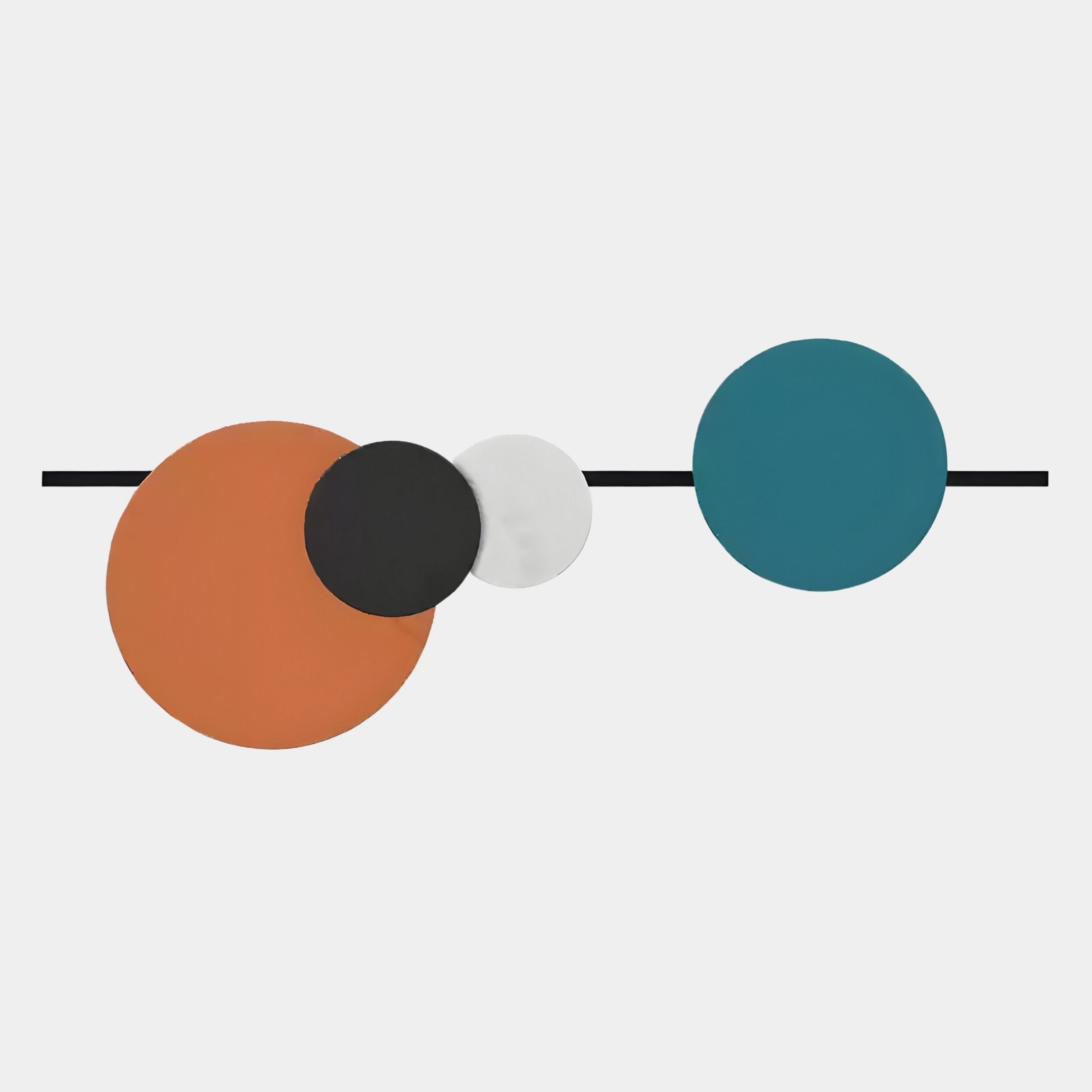 The Orbit II Radiant Balance Multicoloured Circular Wall Art by Giant Sculptures features four overlapping circles—orange, black, white, and teal—on a horizontal black line set against a light gray background for a modern geometric look.