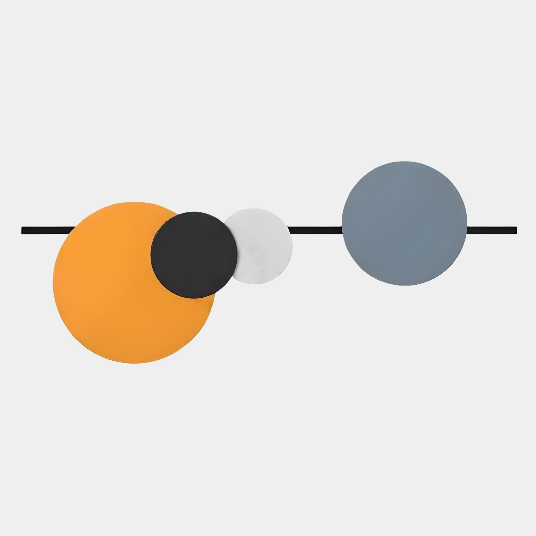 Elevate your space with the Orbit III Radiant Balance Multicoloured Circular Wall Art by Giant Sculptures, featuring four overlapping circles—orange, black, white, and blue-gray—aligned on a horizontal black line for sleek modern elegance.