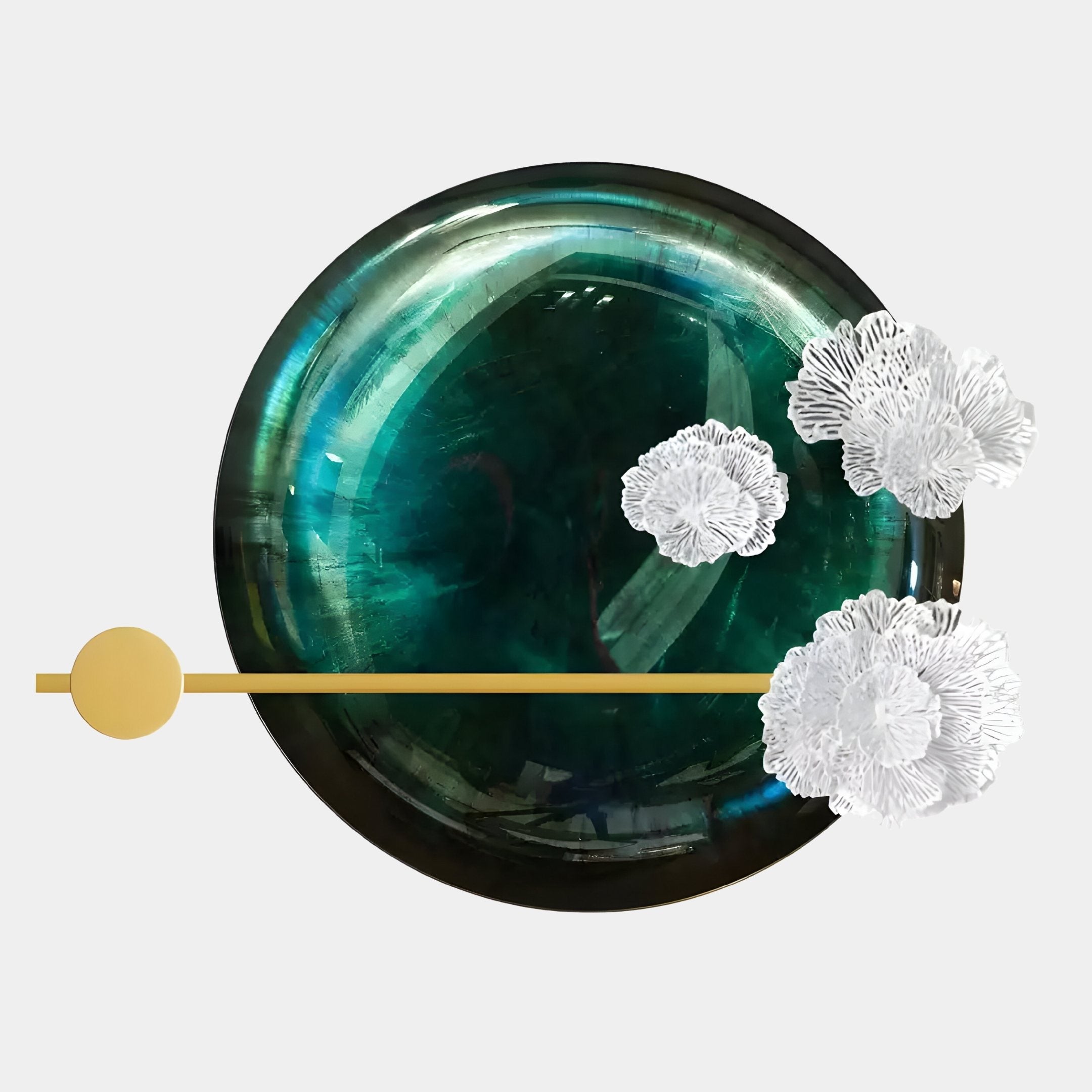 The Nova Floral Radiant Emerald Green Circular Wall Art from Giant Sculptures features a glossy emerald green base with a golden line and delicate white translucent flowers—ideal as luxury interior décor or floral wall art.