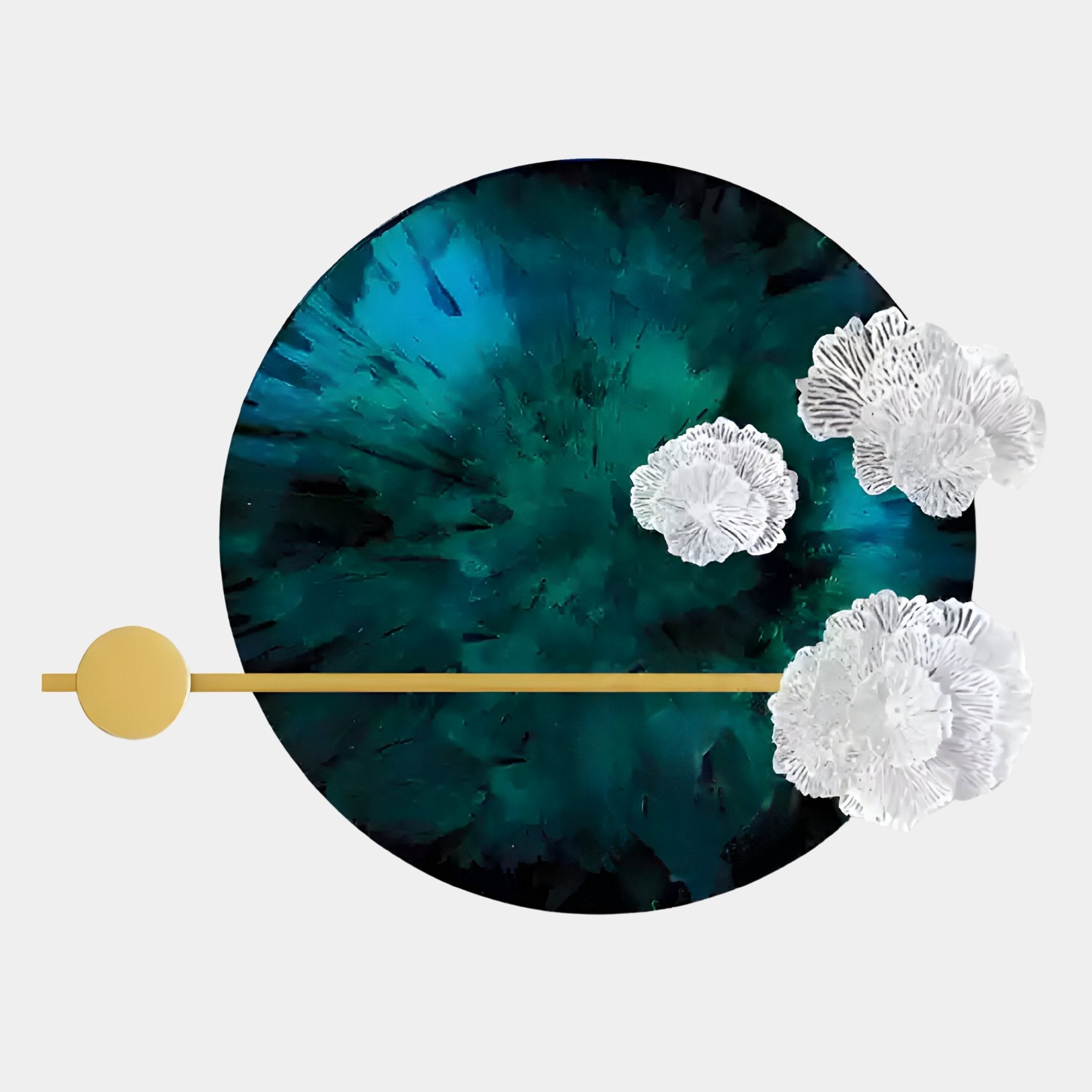 Nova Floral Radiant Teal Blue Circular Wall Art by Giant Sculptures features a dark teal circle with blue and green, highlighted by three white textured floral forms and gold accents—ideal Floral Wall Art for modern interiors on a light background.