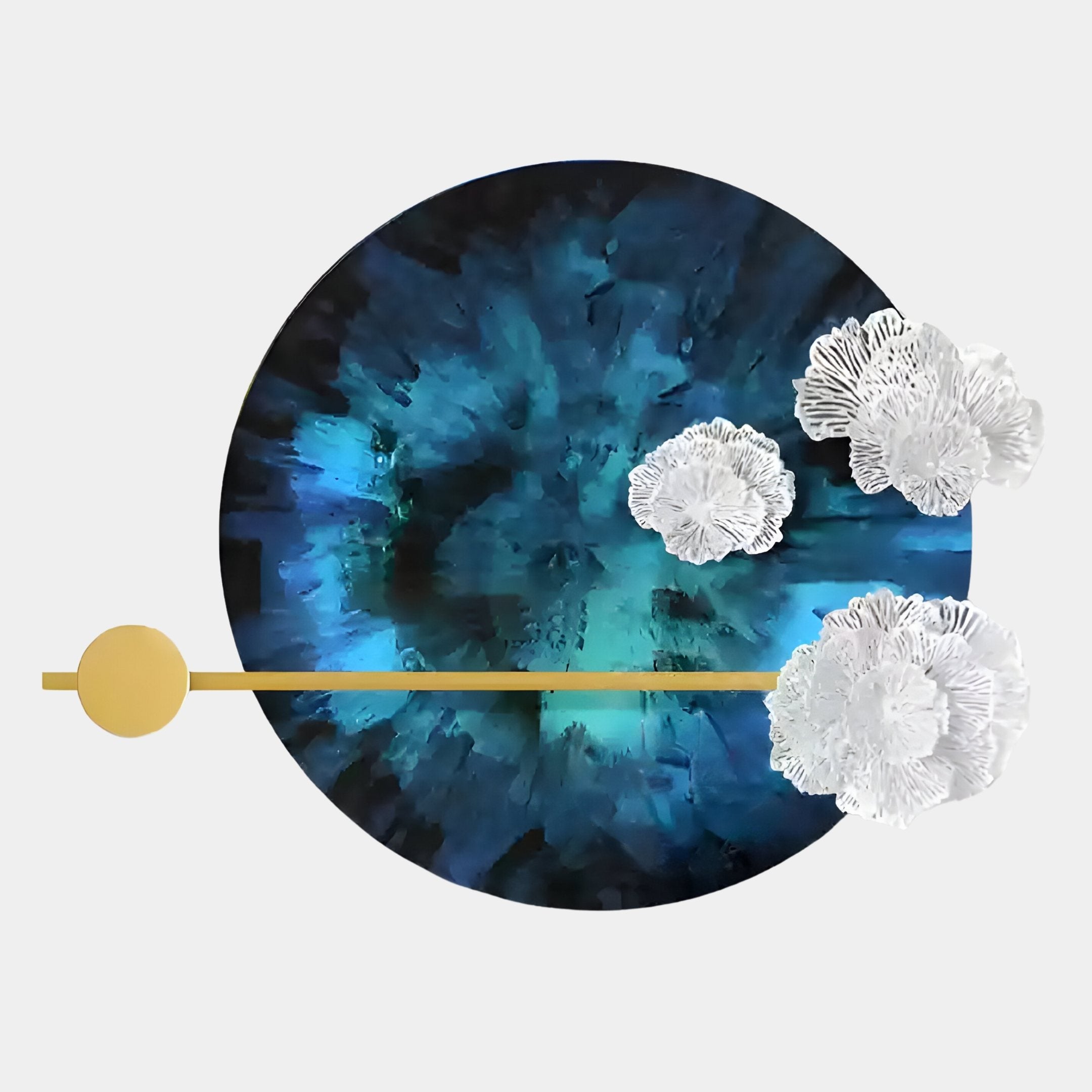 The Nova Floral Radiant Azure Circular Wall Art by Giant Sculptures features a large dark blue circle, white cloud-like floral motifs, and intersecting gold geometric accents for a modern touch.