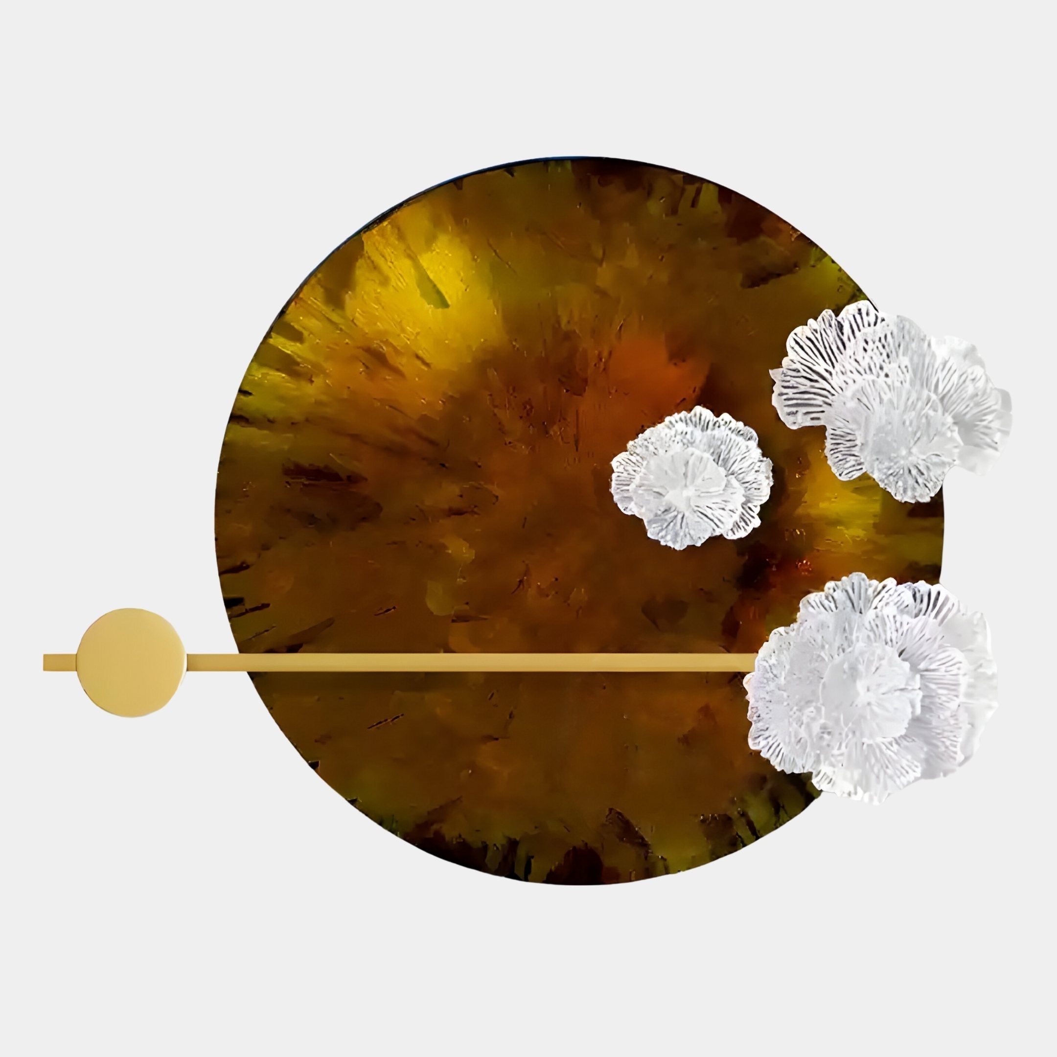 The Nova Floral Radiant Amber Circular Wall Art by Giant Sculptures features a marbled yellow and brown backdrop, three white textured florals, and gold accents—ideal for modern, sophisticated interiors.