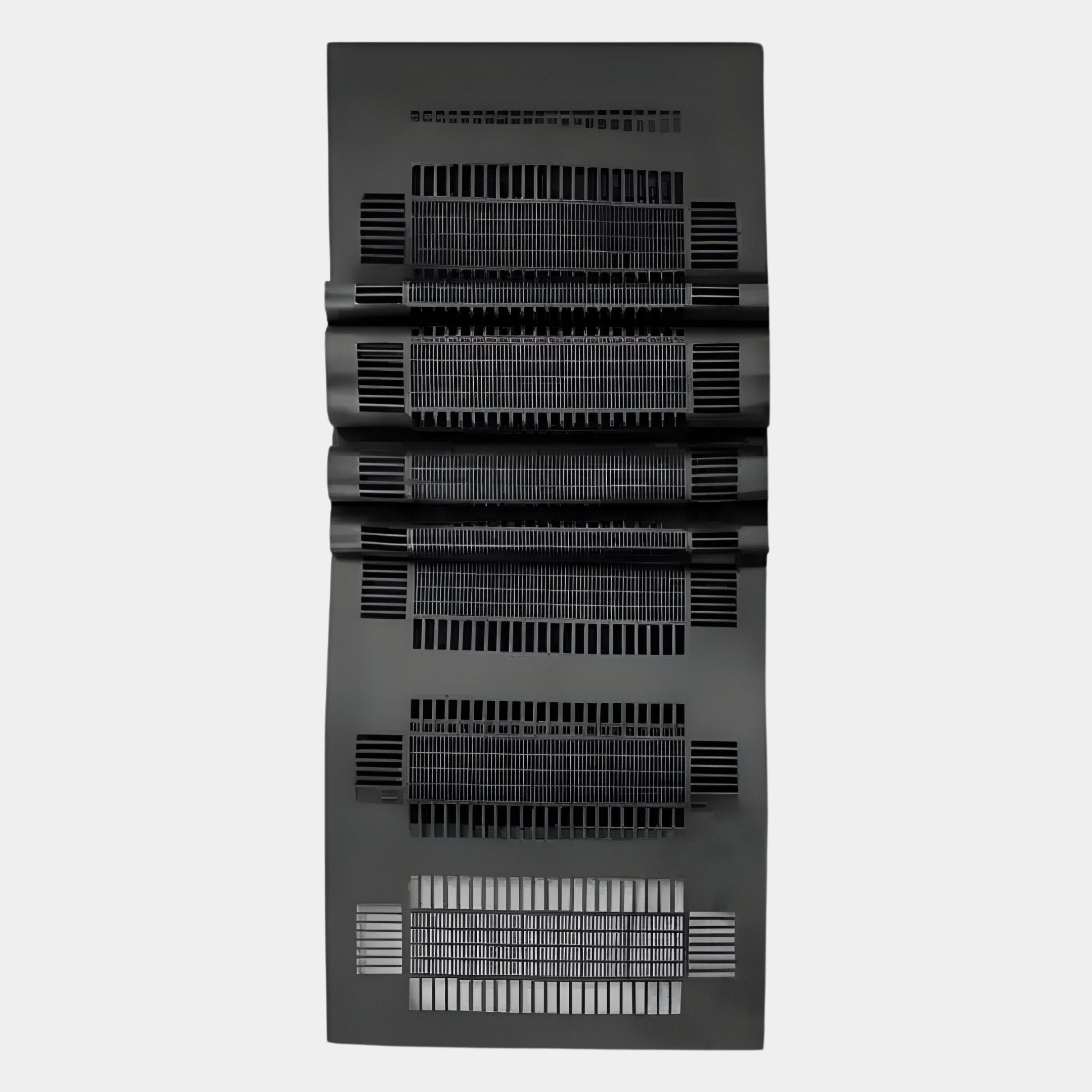 The Strata Black Vertical Folded Grid Metal Wall Art by Giant Sculptures features a black rectangular panel with evenly spaced slits and central wave-like folds—ideal for minimalist interiors seeking visually dynamic metal wall decor.