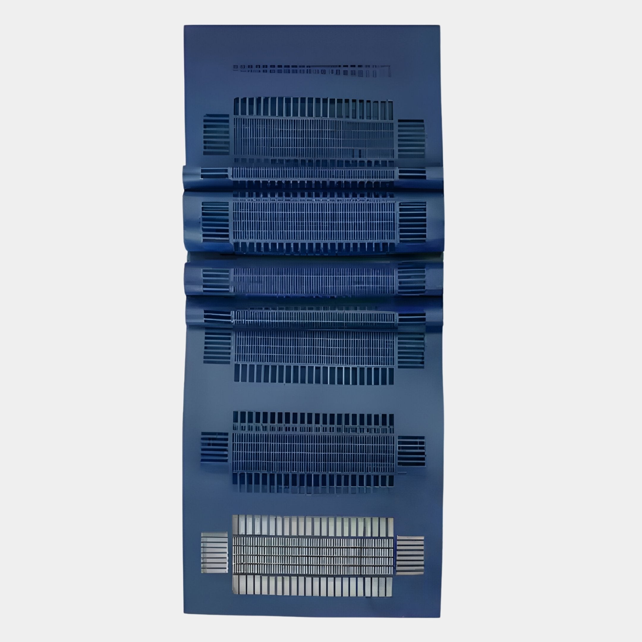 The Strata Blue Vertical Folded Grid Metal Wall Art by Giant Sculptures features several rows of precise rectangular cutouts and slits, forming a striking blue grid pattern, photographed on a plain light background.