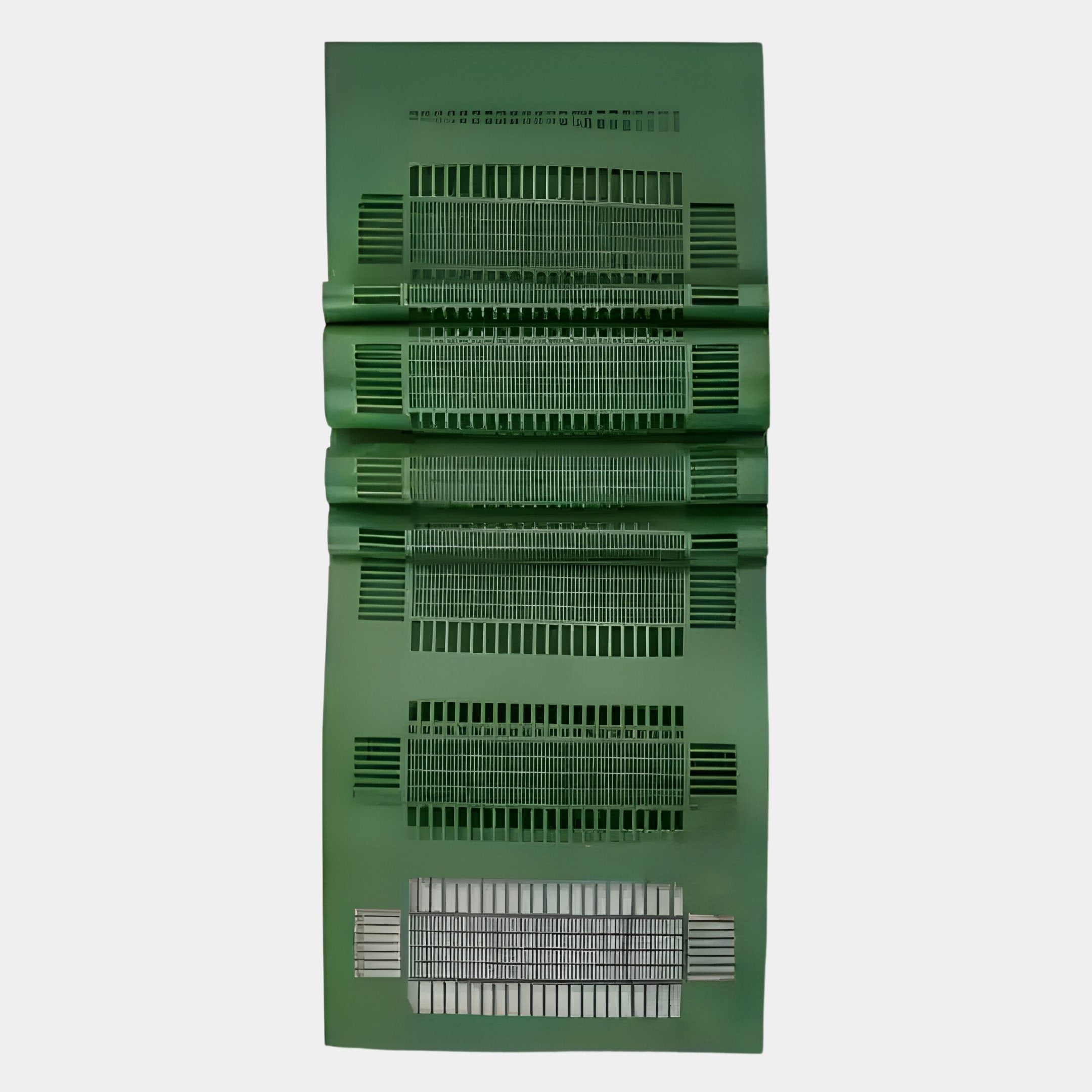 The Strata Green Vertical Folded Grid Metal Wall Art by Giant Sculptures features precise rectangular cutouts in a modern, symmetrical pattern—perfect as striking geometric décor for contemporary spaces.