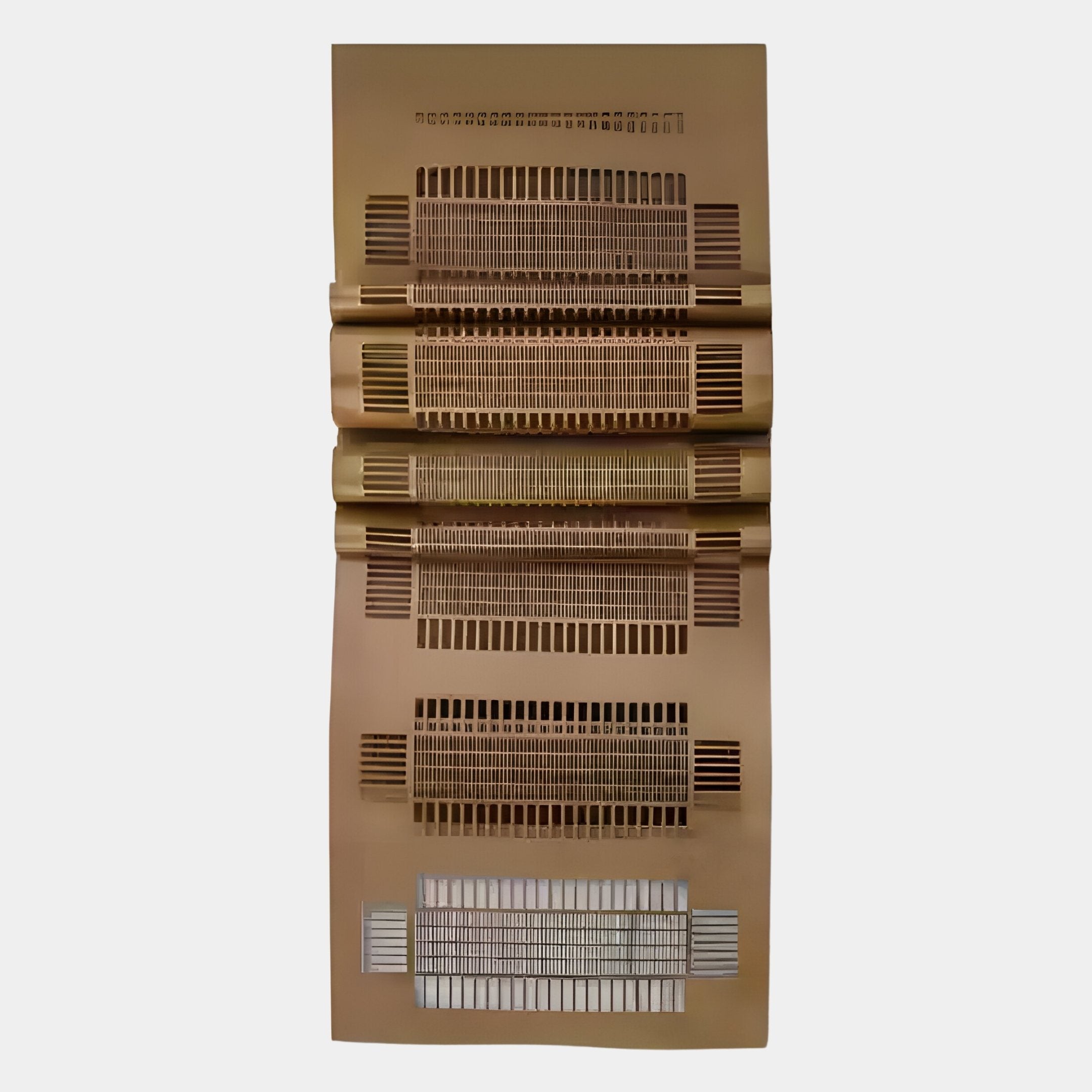 The Strata Gold Vertical Folded Grid Metal Wall Art by Giant Sculptures features thin metallic panels with rows of rectangular cutouts and perforations, some sections elegantly curved, creating a striking contemporary display.