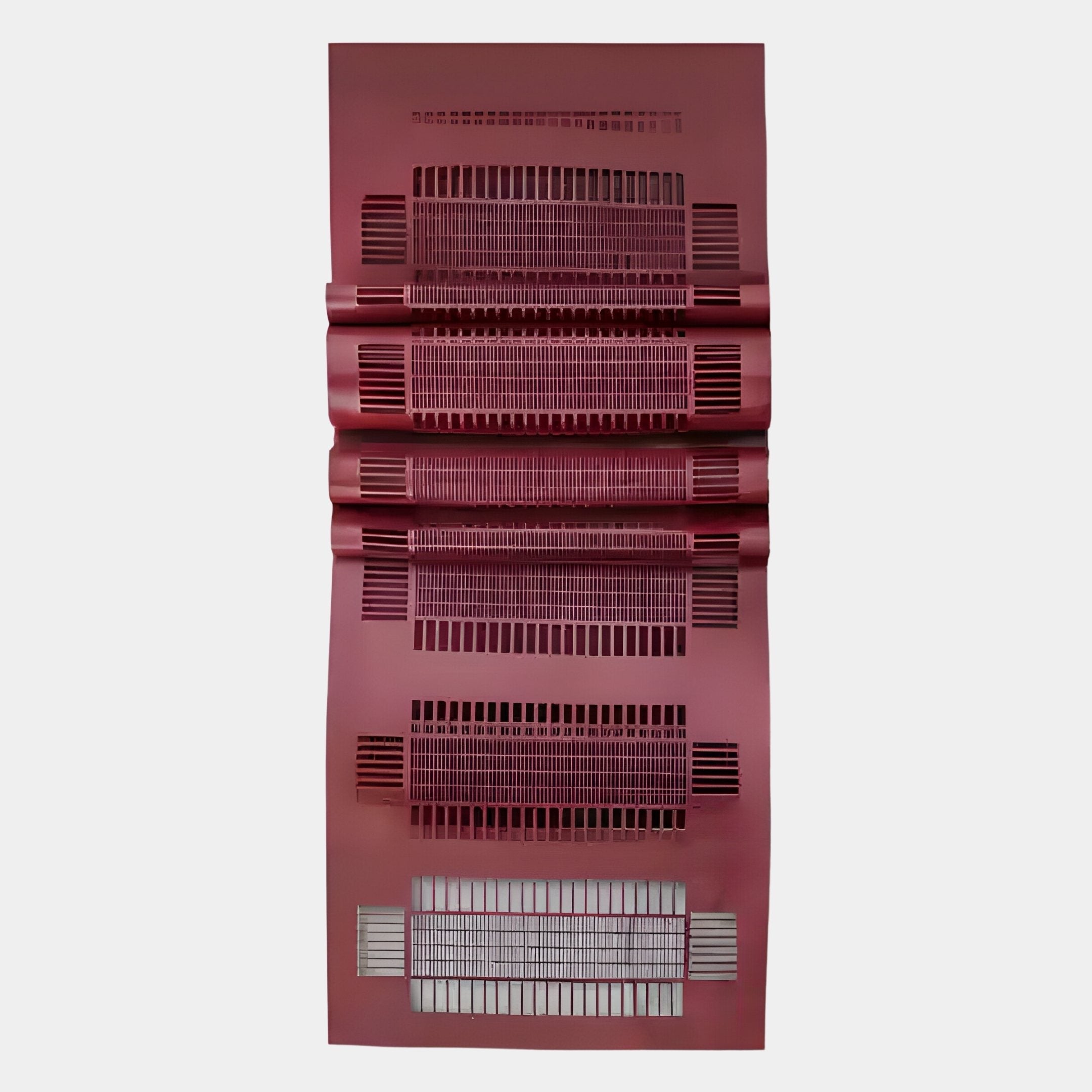 The Strata Red Vertical Folded Grid Metal Wall Art by Giant Sculptures features metallic red folds and horizontal slits, creating a bold pattern perfect for modern spaces. Displayed on a plain light gray background.