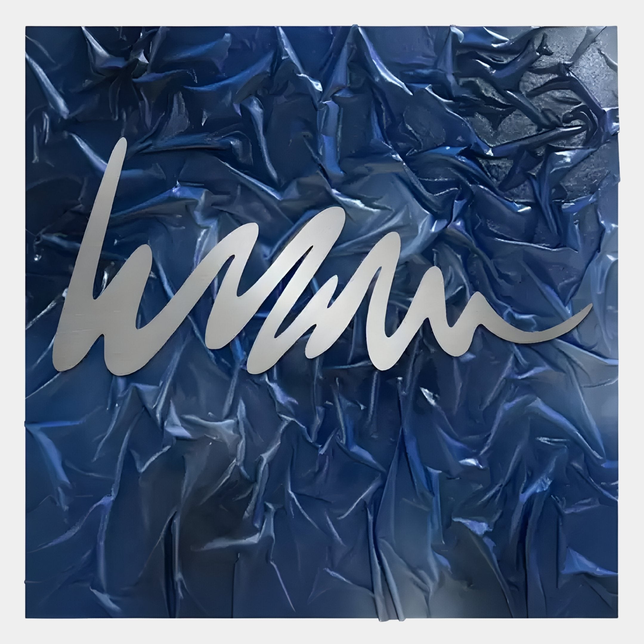 The Plisse Midnight Blue Textured Abstract Wall Art by Giant Sculptures features a metallic squiggly design set against a crumpled, reflective blue background, delivering a modern and striking visual effect.