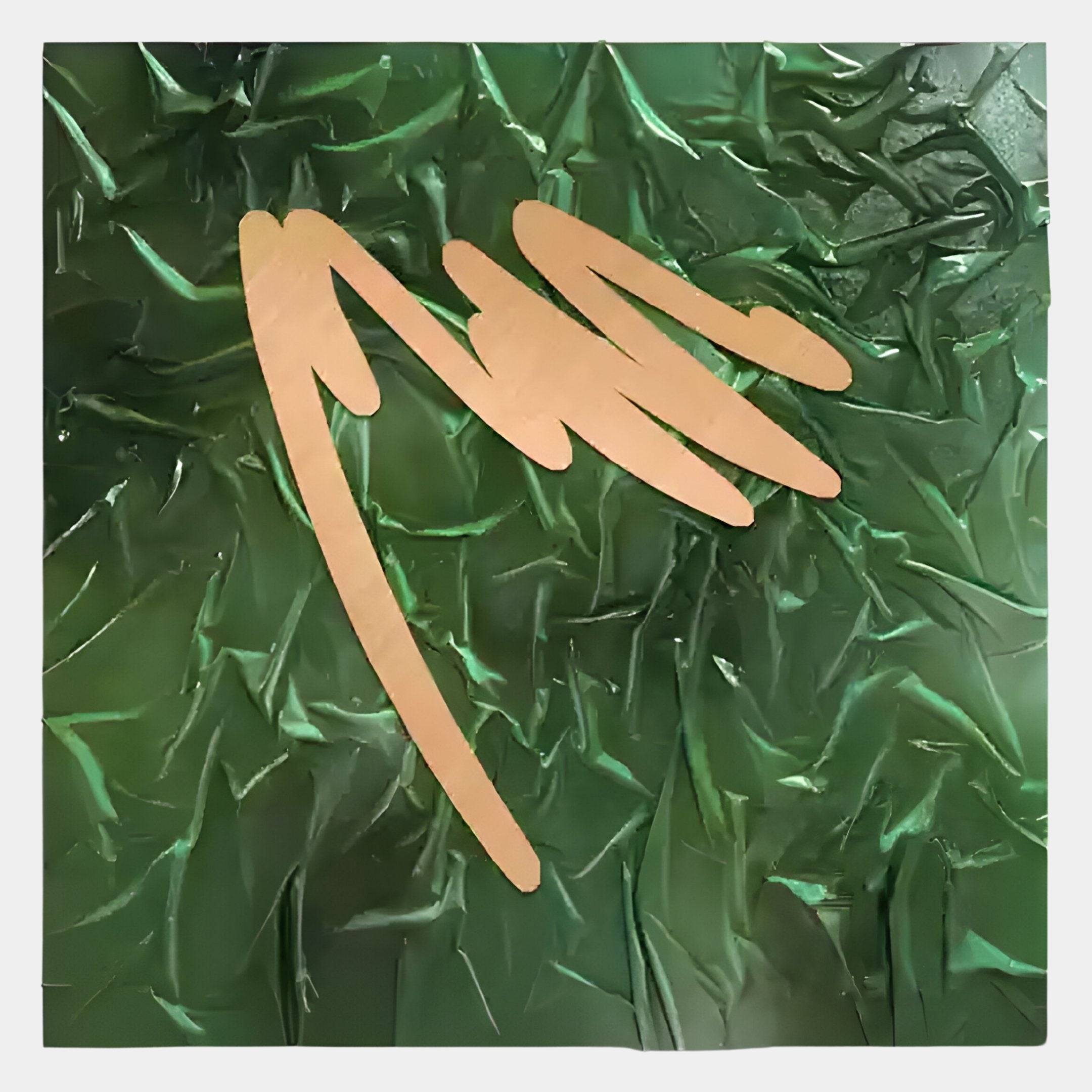 The Plisse Verdant Green Textured Abstract Wall Art by Giant Sculptures features tan, brushstroke-like shapes over a crumpled, shiny green background, creating striking abstract decor with rich texture.