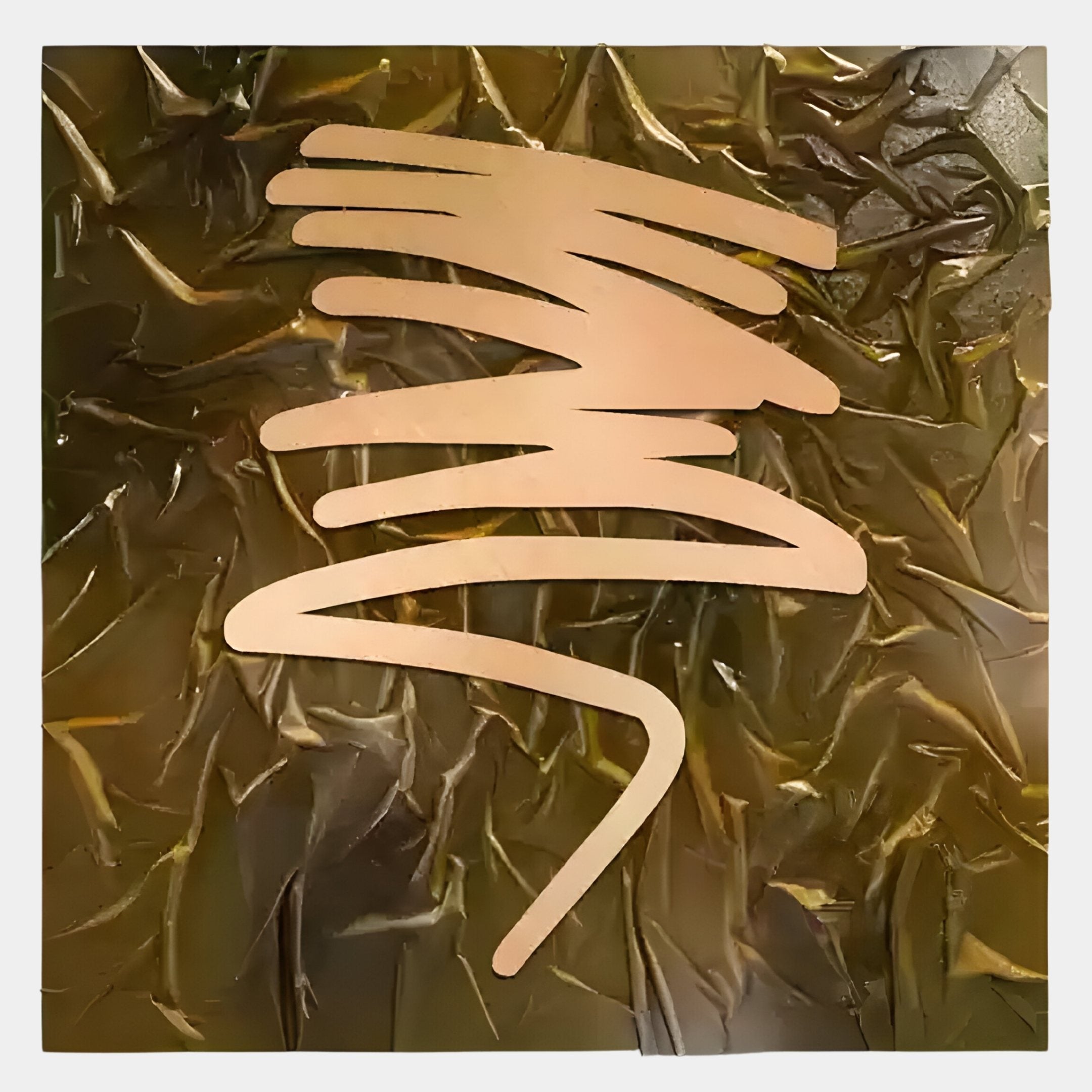 Featuring a metallic gold, crumpled texture and bold zigzag line, Plisse Golden Ochre Textured Abstract Wall Art by Giant Sculptures channels Modern Craftsmanship, evoking a stylized tree or spiral in an abstract form.