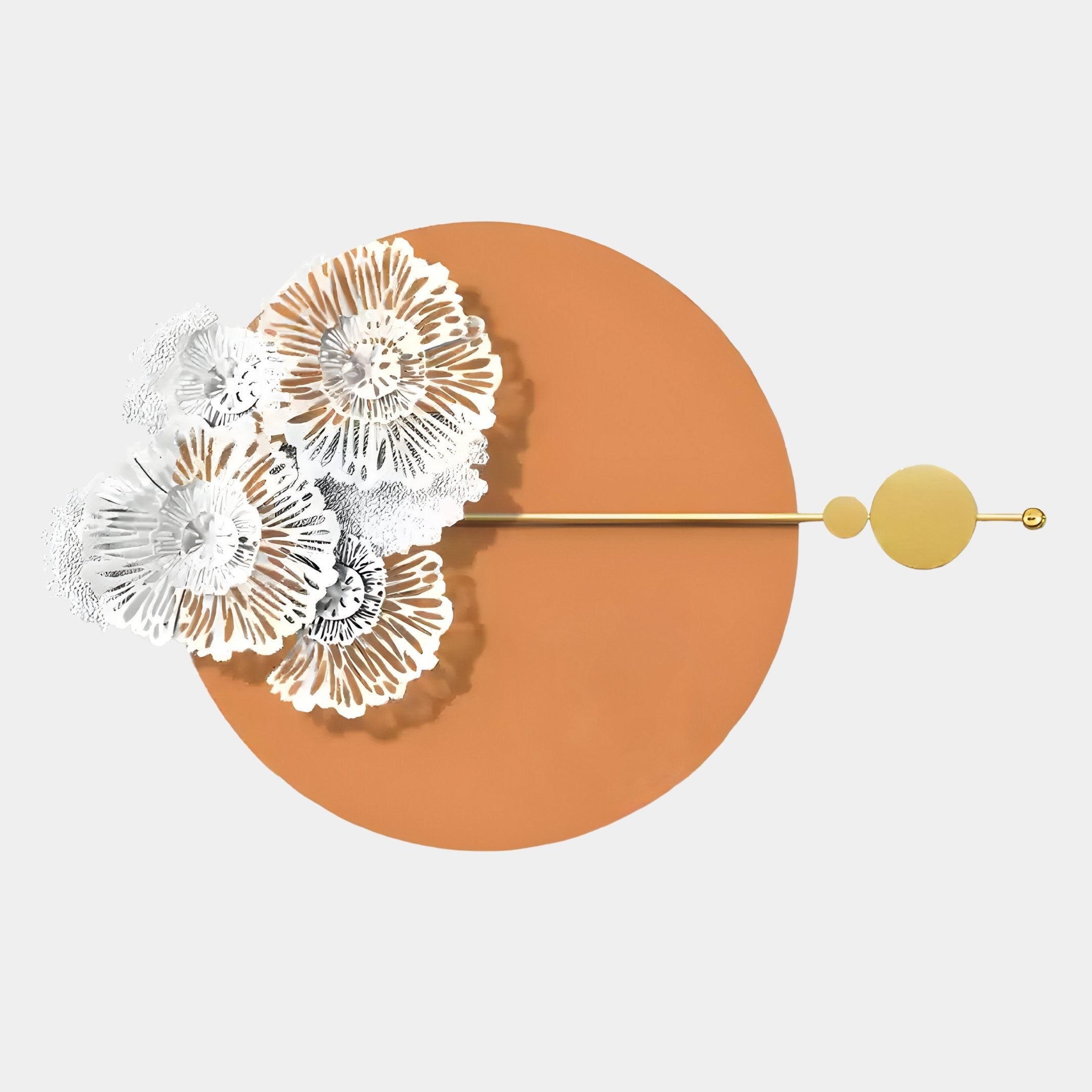 The Blossom Halo Terracotta Round Floral Decorative Wall Art by Giant Sculptures features a large orange circle with white and gray floral accents, plus gold rods and circles for a modern touch.