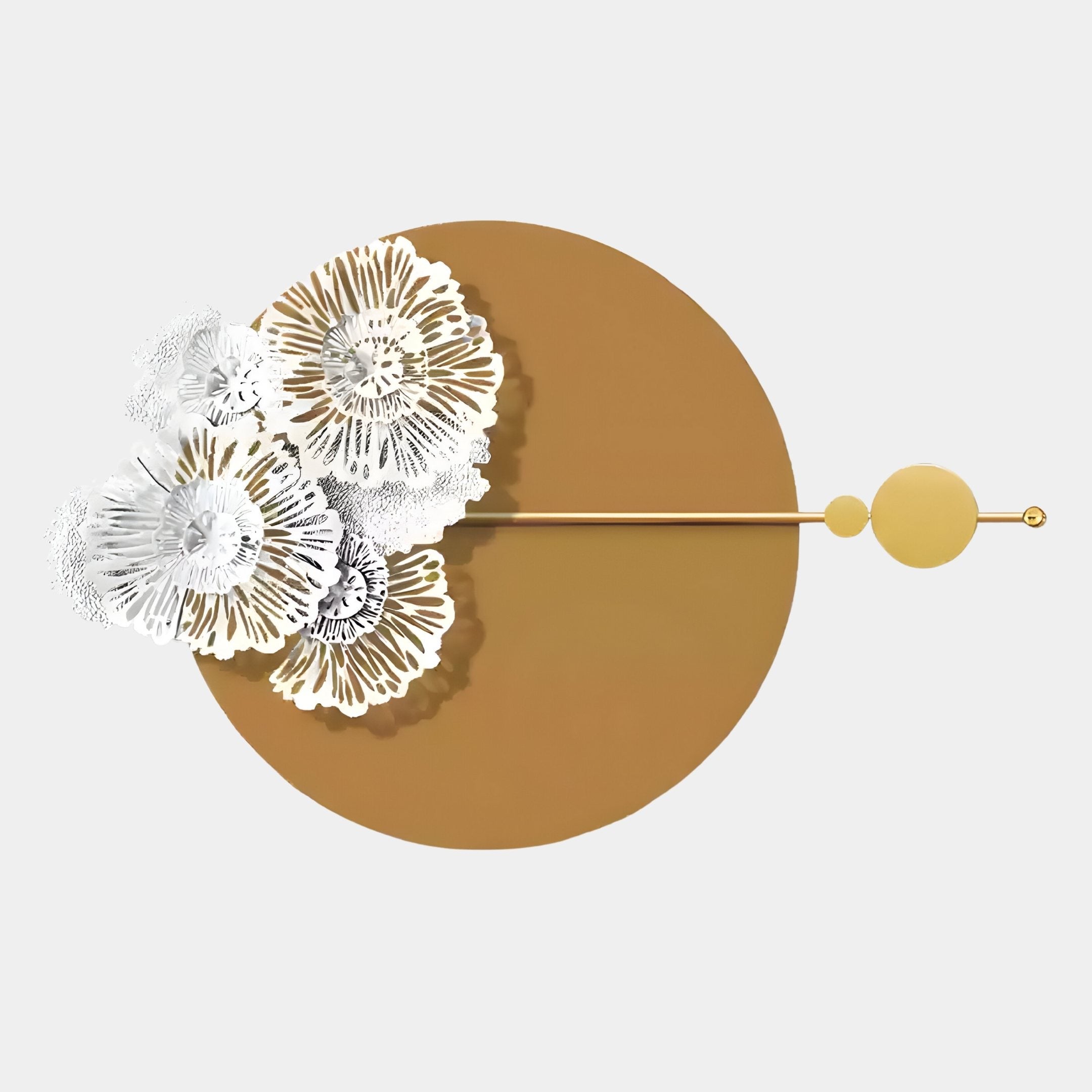 Blossom Halo Golden Bloom Round Floral Decorative Wall Art by Giant Sculptures features a large gold circle with detailed white and gold florals on the left and golden rods with circles on the right, offering striking modern decor.