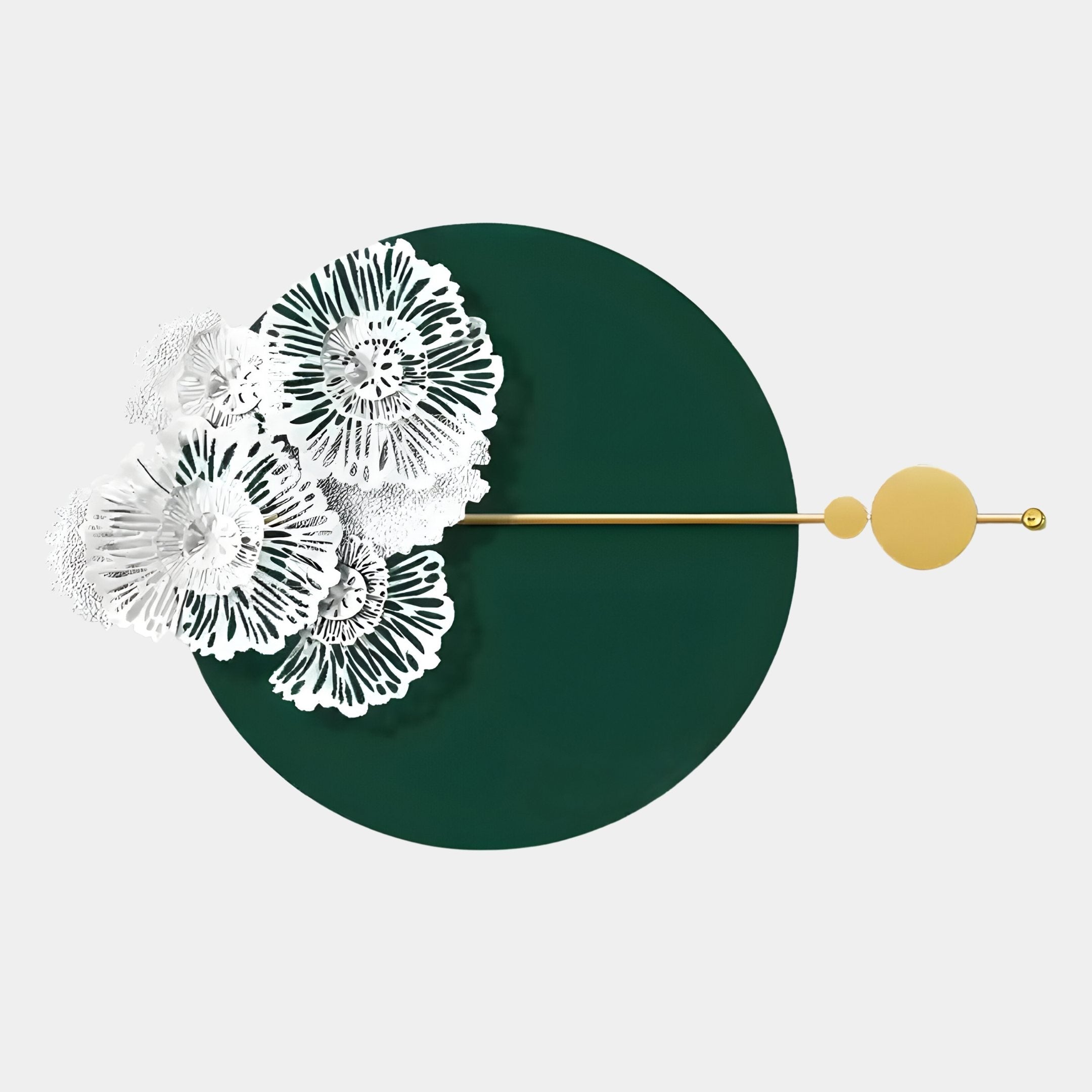 The Blossom Halo Forest Green Round Floral Decorative Wall Art by Giant Sculptures features layered white florals on deep green, accented with a gold rod—perfect for enhancing any modern interior.