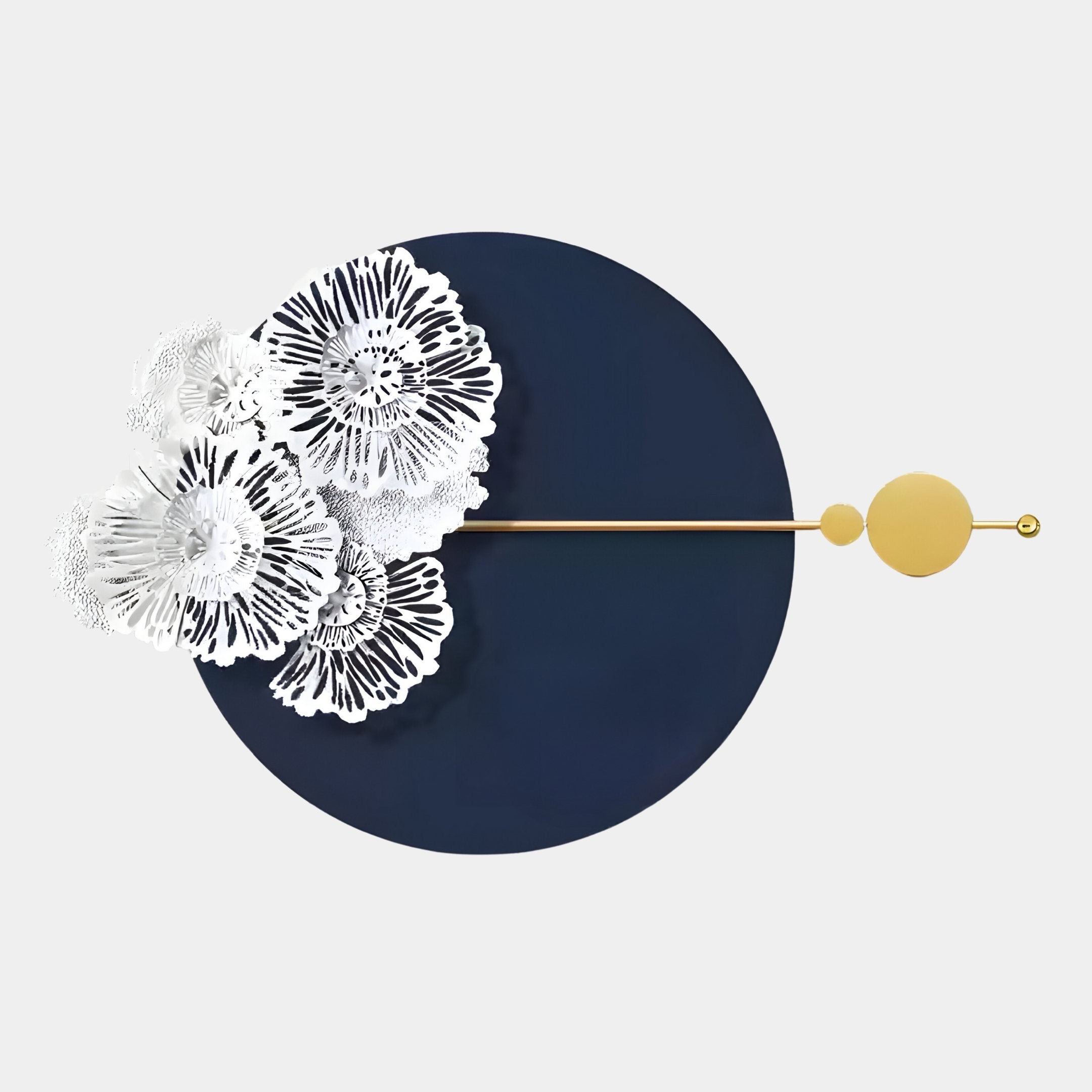 The Blossom Halo Midnight Blue Round Floral Decorative Wall Art by Giant Sculptures features lace-like flowers, a dark blue central circle, and gold accents—perfect for modern interiors and round wall art displays.