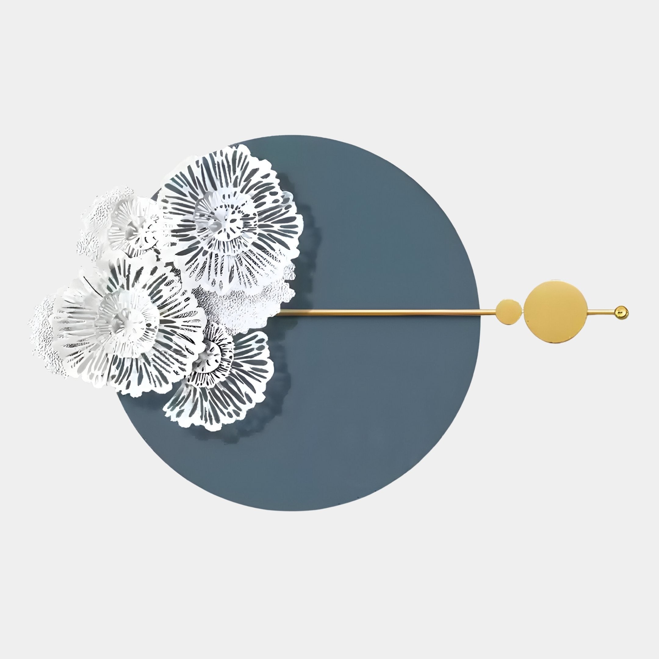 The Blossom Halo Ocean Grey Round Floral Decorative Wall Art by Giant Sculptures features white lace-like flowers on a dark teal circle with gold accents, bringing modern elegance to any space against a light background.