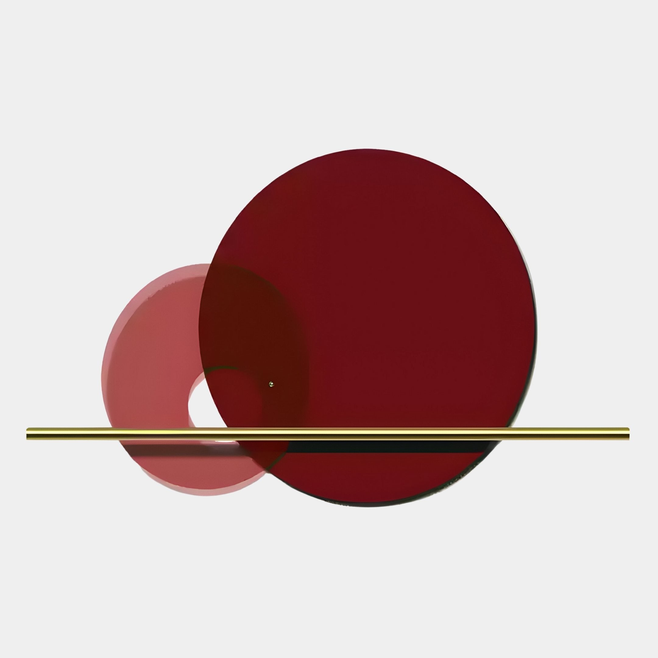 The Luna Forma Scarlet Red Round Brass Accent Wall Art by Giant Sculptures showcases two overlapping scarlet red circles with a thin brass rod on a light gray background, ideal as modern decor.