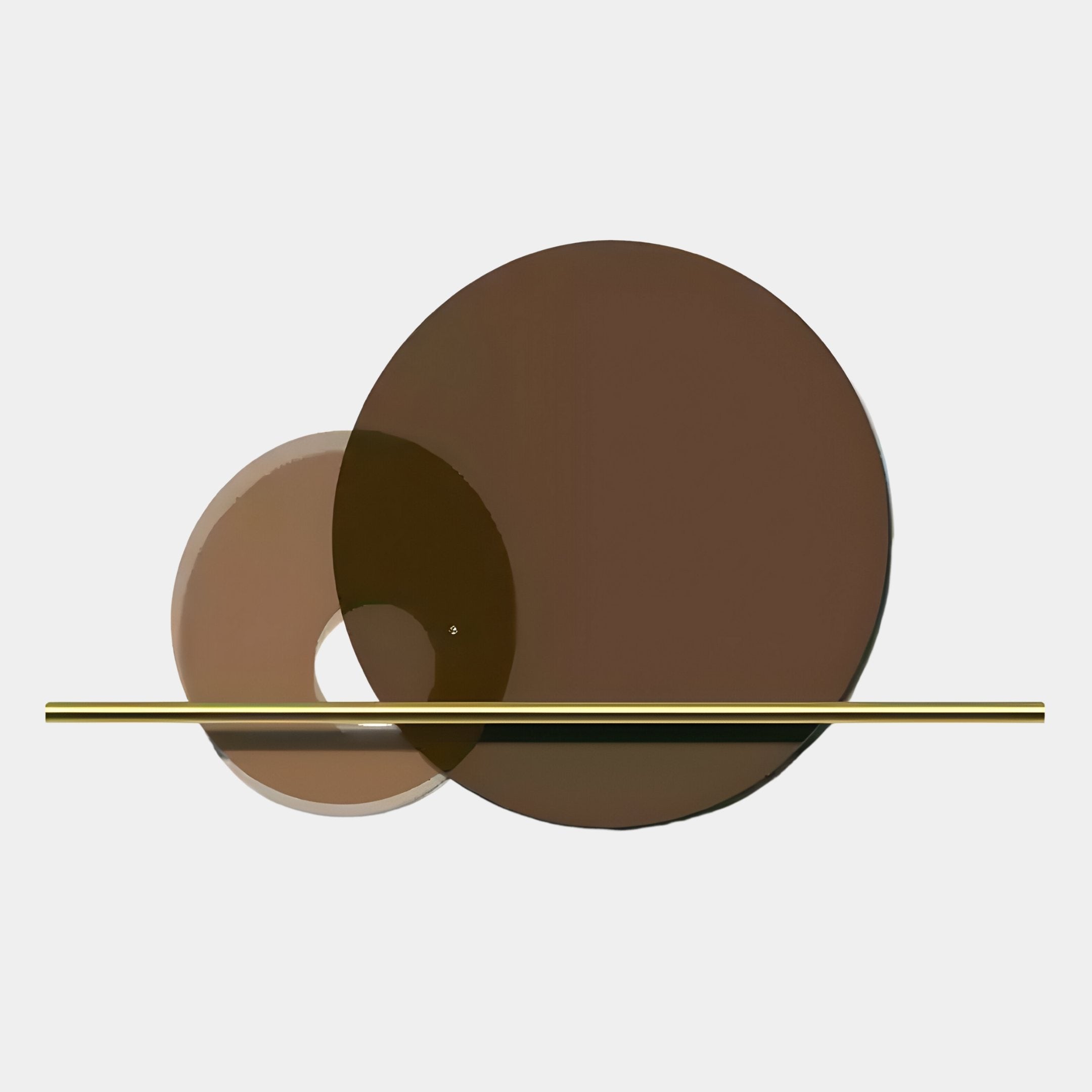 The Luna Forma Mocha Brown Round Brass Accent Wall Art by Giant Sculptures features two overlapping translucent mocha circles, one larger than the other, above a slim brass bar on white for bold geometric minimalism.