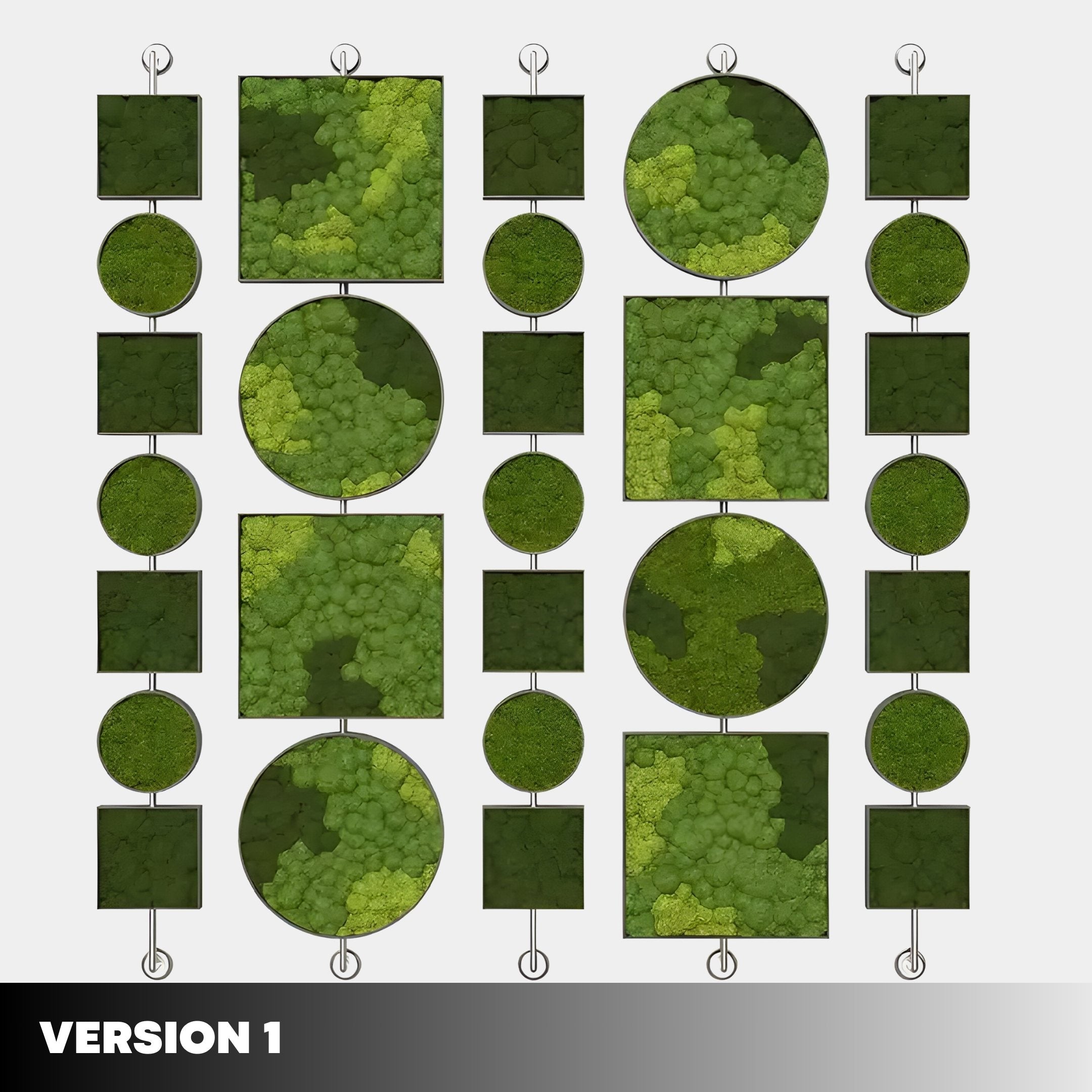 Verdant Symmetry Modular Vertical Green Plant Wall Art by Giant Sculptures features alternating green squares and circles with textured artificial greenery. VERSION 1 appears at the bottom on a black and gray gradient bar. Perfect for modern homes.