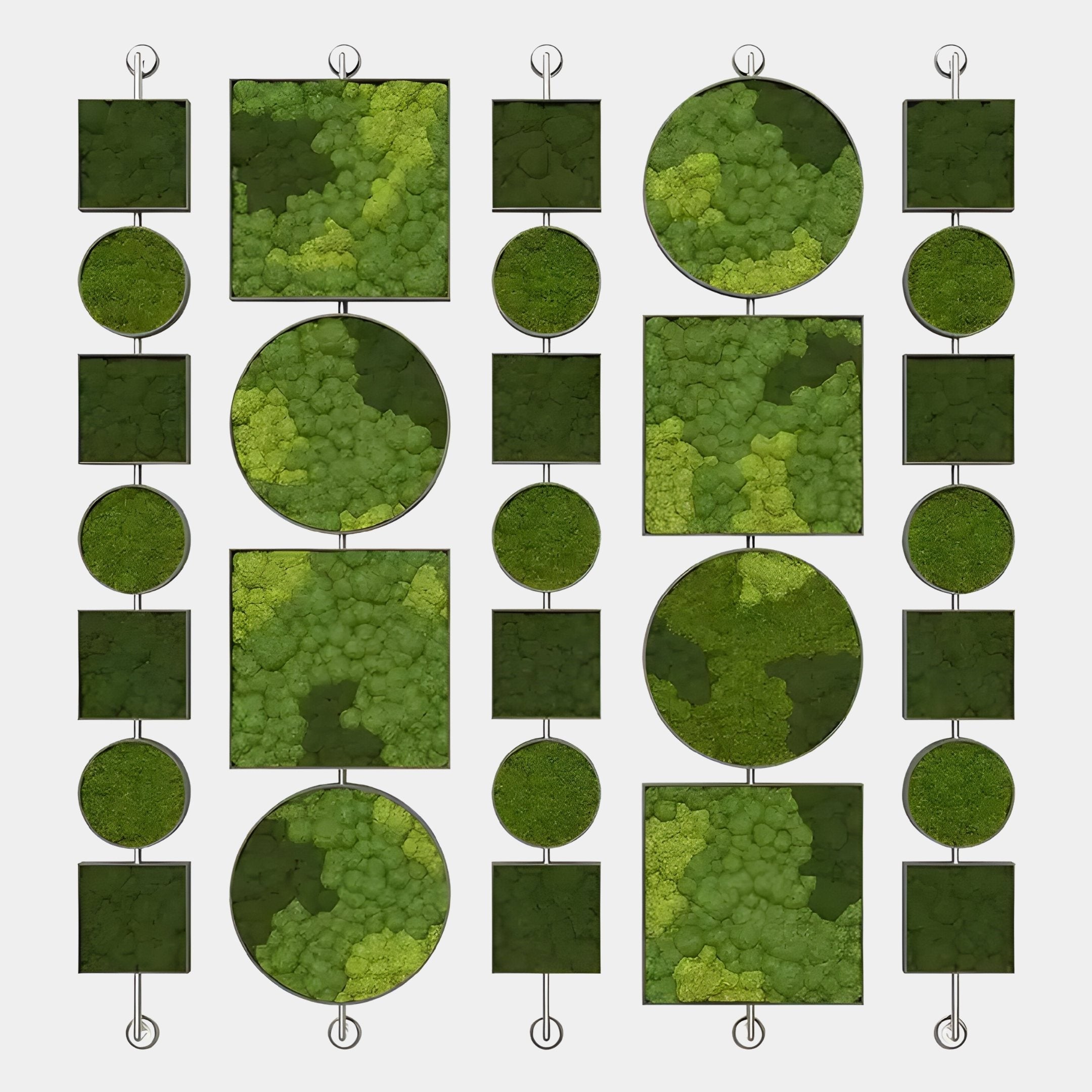 The Verdant Symmetry Modular Vertical Green Plant Wall Art by Giant Sculptures features green moss-filled square and circular panels in a grid, linked by metal rods, forming striking wall art against a crisp white background.