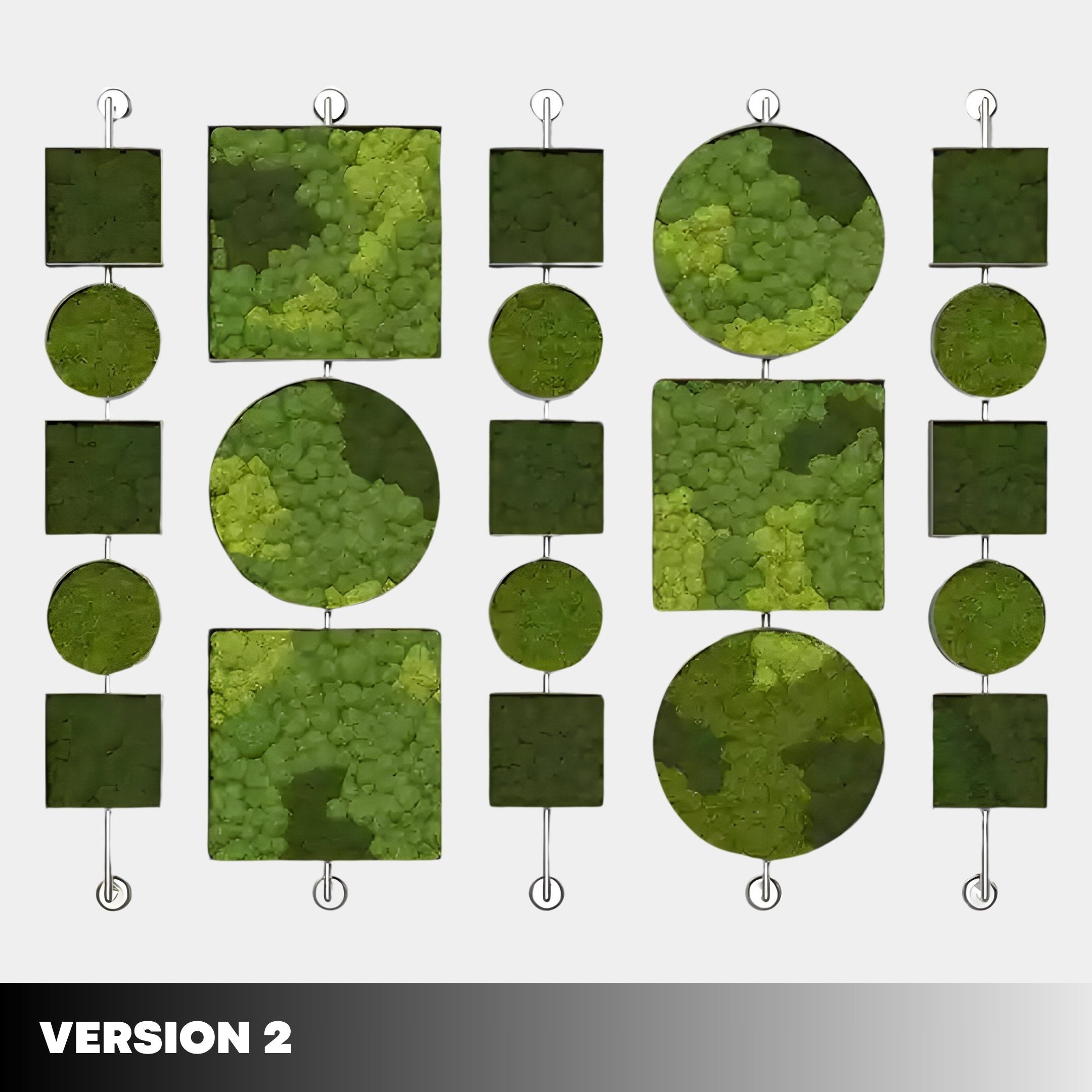 Verdant Symmetry Modular Vertical Green Plant Wall Art by Giant Sculptures features a grid of square and circular moss panels on white, labeled VERSION 2 at the bottom left—ideal modular greenery for modern homes.
