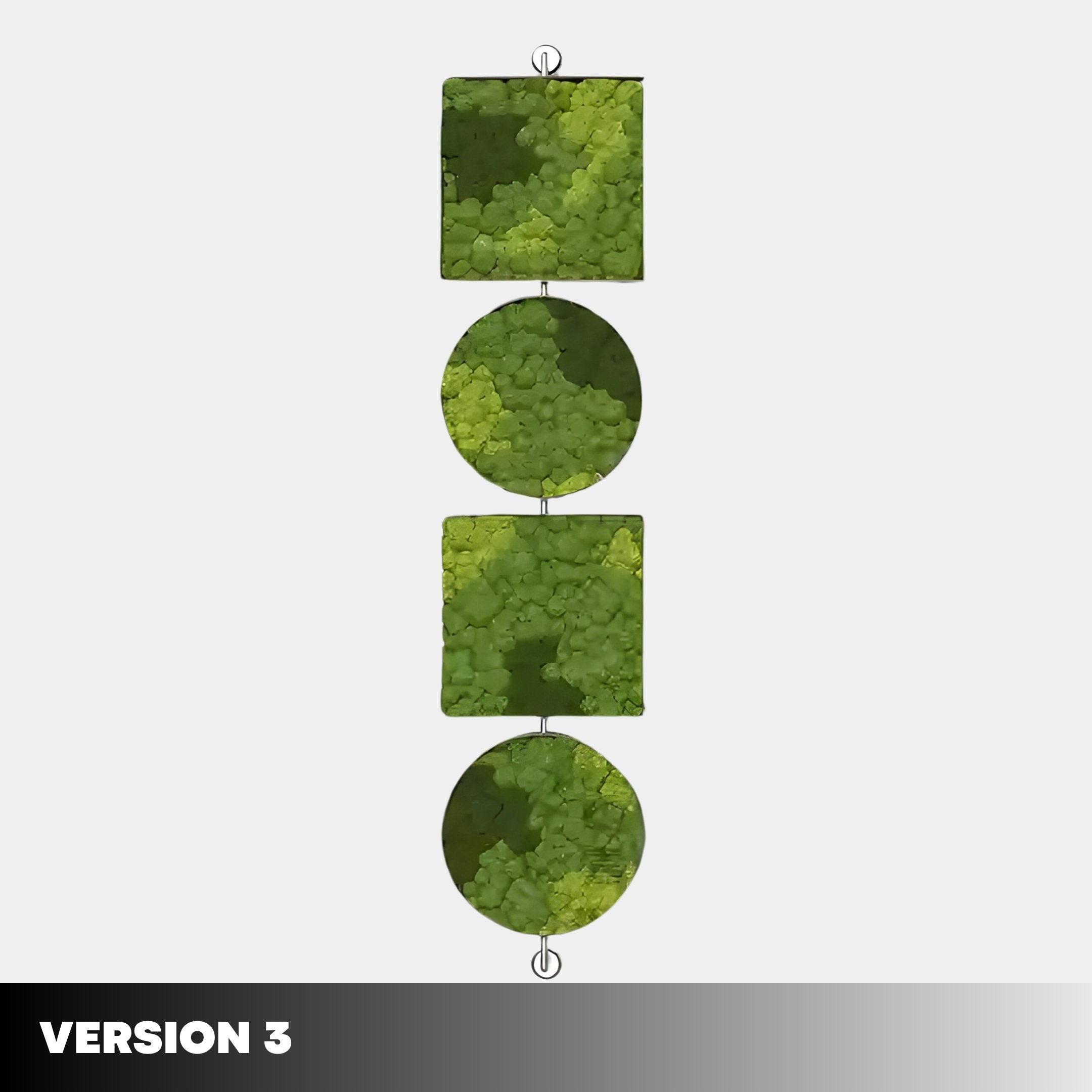 Three green textured panels, alternating between square and circle shapes, are vertically aligned and connected. A white background features VERSION 3 in bold on a black-gray bar at bottom left. Product: Verdant Symmetry by Giant Sculptures.