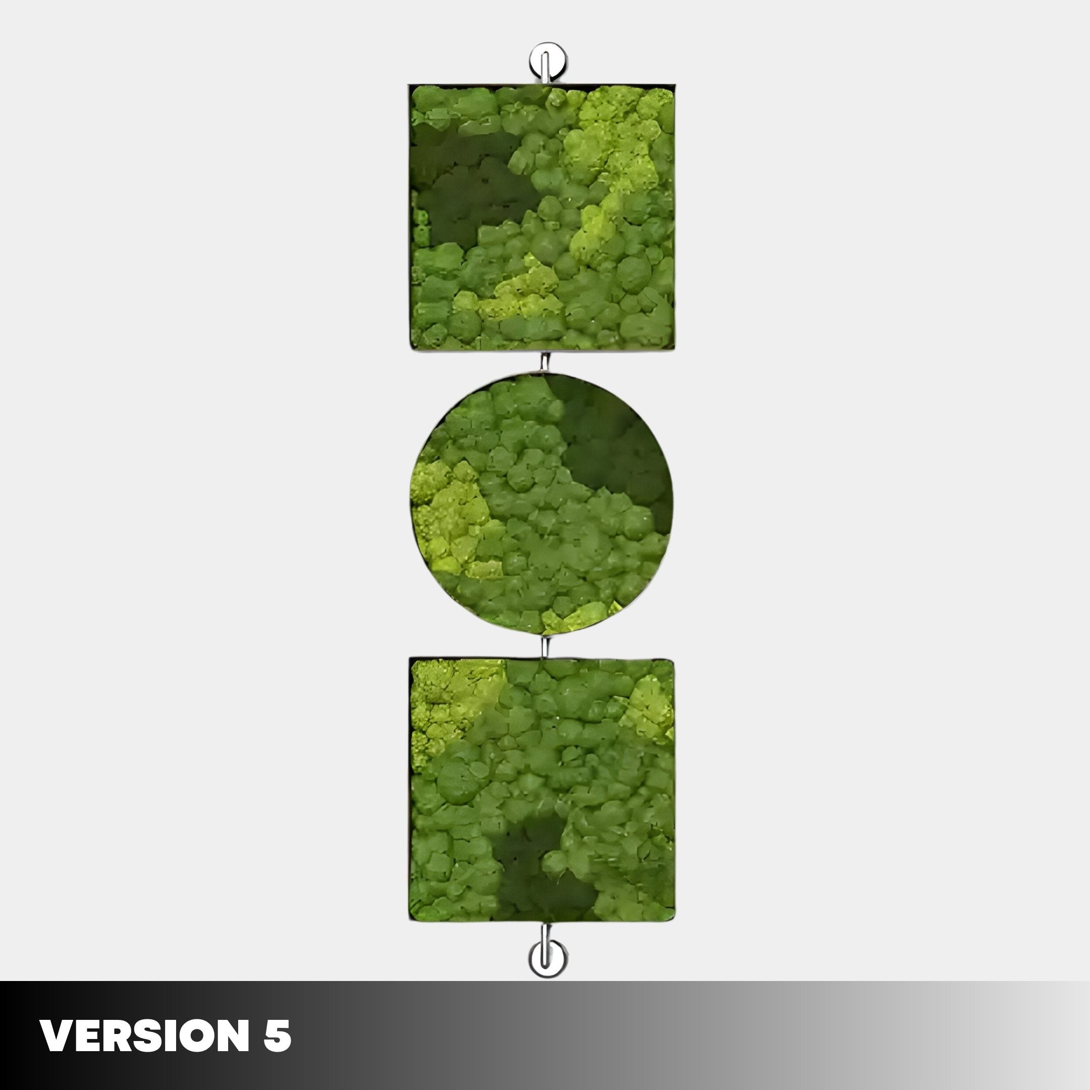 Verdant Symmetry Modular Vertical Green Plant Wall Art by Giant Sculptures features three green panels—square, circle, square—linked by metal rings. VERSION 5 is displayed in the bottom left corner.