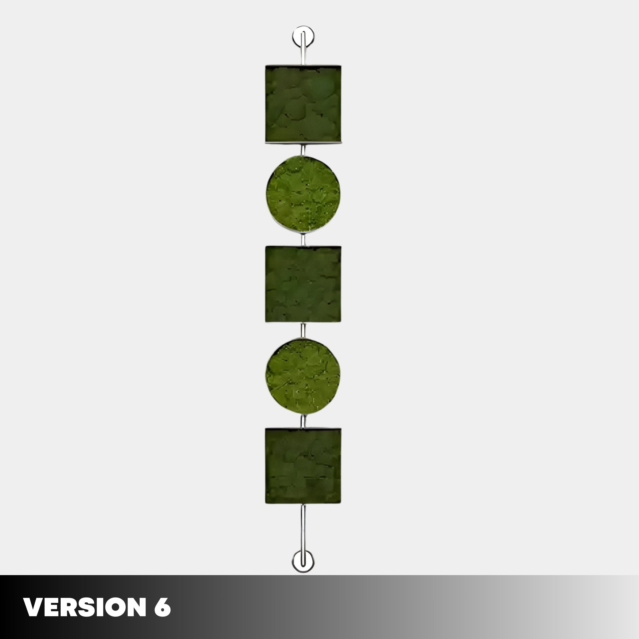 The Verdant Symmetry Modular Vertical Green Plant Wall Art by Giant Sculptures features four alternating green moss panels—two squares, two circles—suspended by metal loops, forming a stylish plant wall. VERSION 6 appears in white at the lower left.