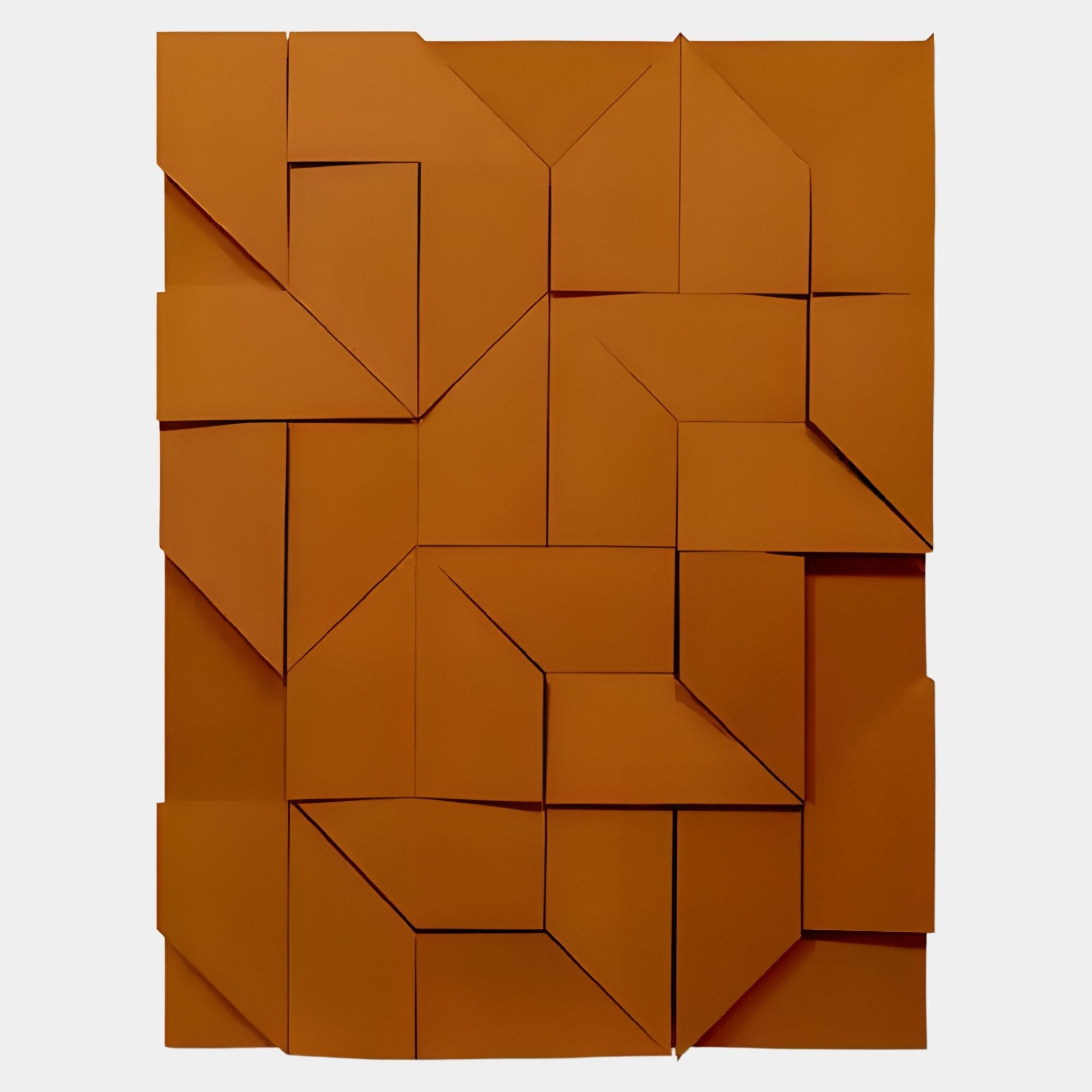 The Prisma Orange Geometric Panel 3D Wall Art by Giant Sculptures features vibrant orange folded layers in a grid pattern, adding depth and shadow to any light space—ideal for modern interiors.