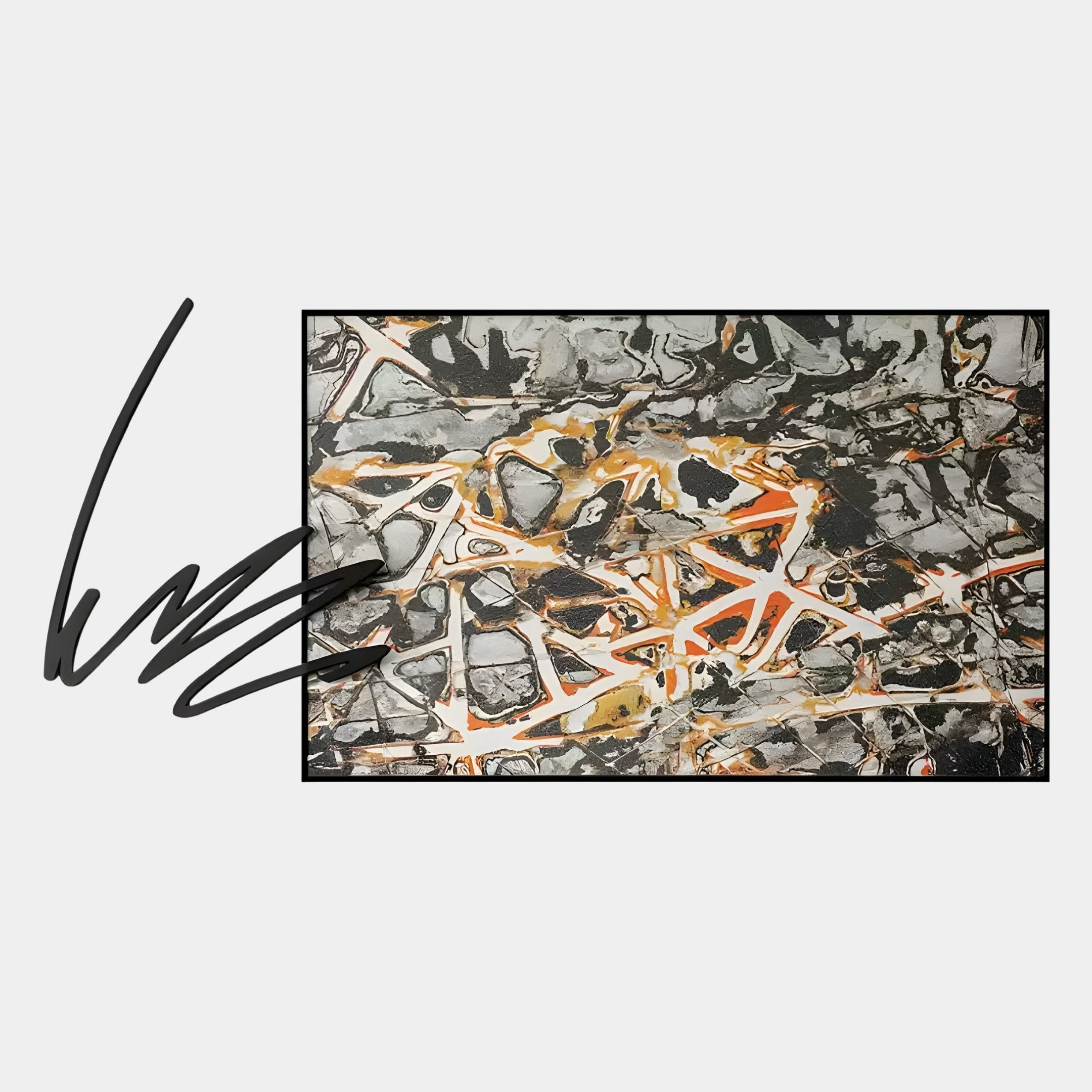 The Giant Sculptures Graffio Urban Chaos Orange Network Canvas Wall Art showcases a rectangular abstract design with bold black, gray, orange, and white patterns—ideal for modern interiors seeking a striking artistic accent.