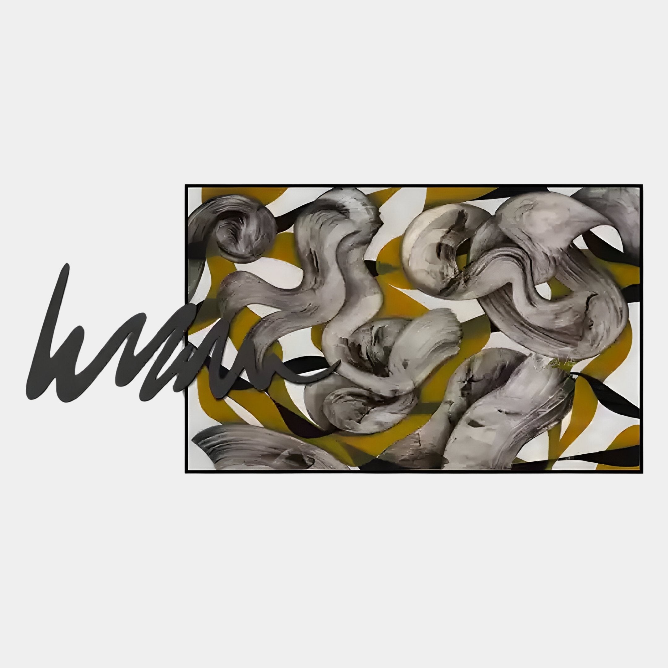 The Graffio Abstract Yellow Swirl Canvas Wall Art by Giant Sculptures features bold black, gray, and white brushstrokes over yellow and black curved shapes, with striking dark scribbles extending beyond the main rectangle on the left.
