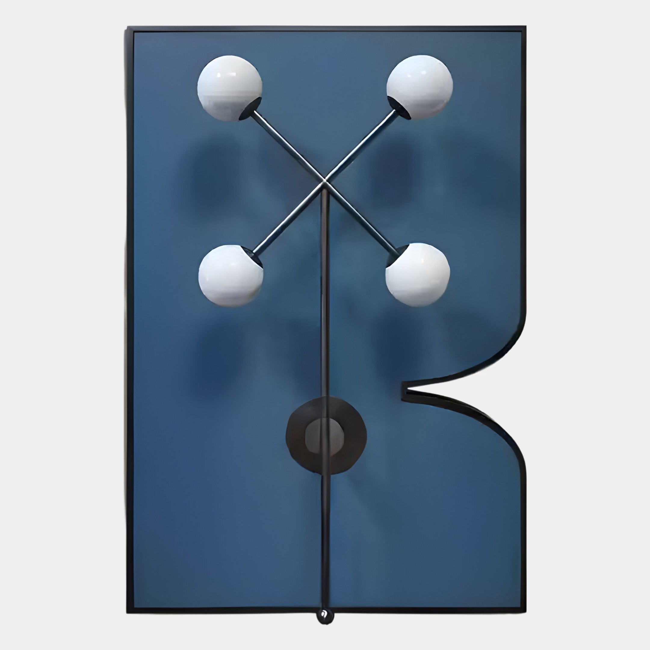 The Axial Elegance Blue Symmetrical Metal Wall Art by Giant Sculptures features a blue panel with a black border, curved cutout, and four white globe lights in an X shape for bold, modern geometric decor.