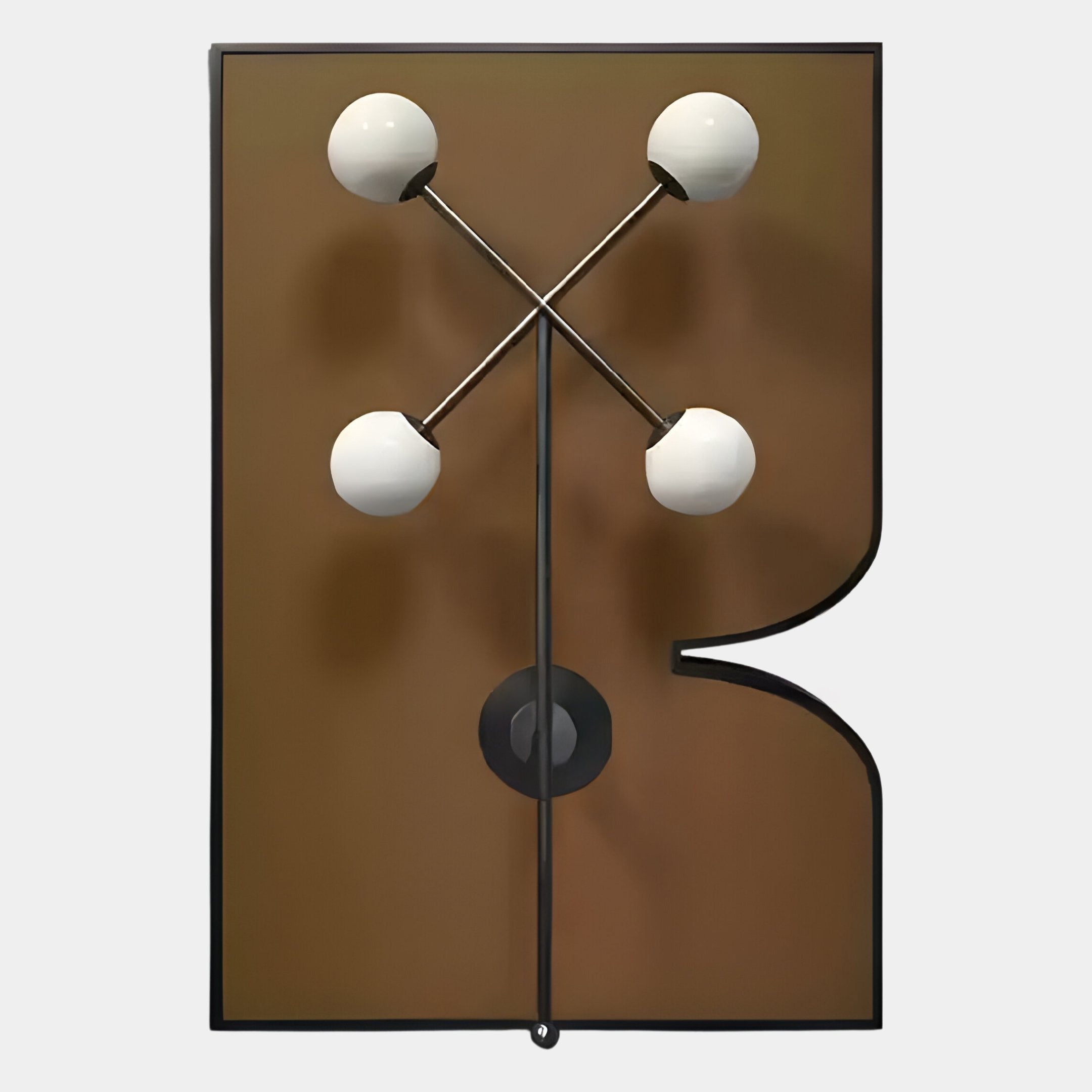 The Axial Elegance Bronze Symmetrical Metal Wall Art by Giant Sculptures features four white globe bulbs in an X shape on slim rods, mounted on a brown geometric panel with a curved cutout—an eye-catching modern wall sconce.