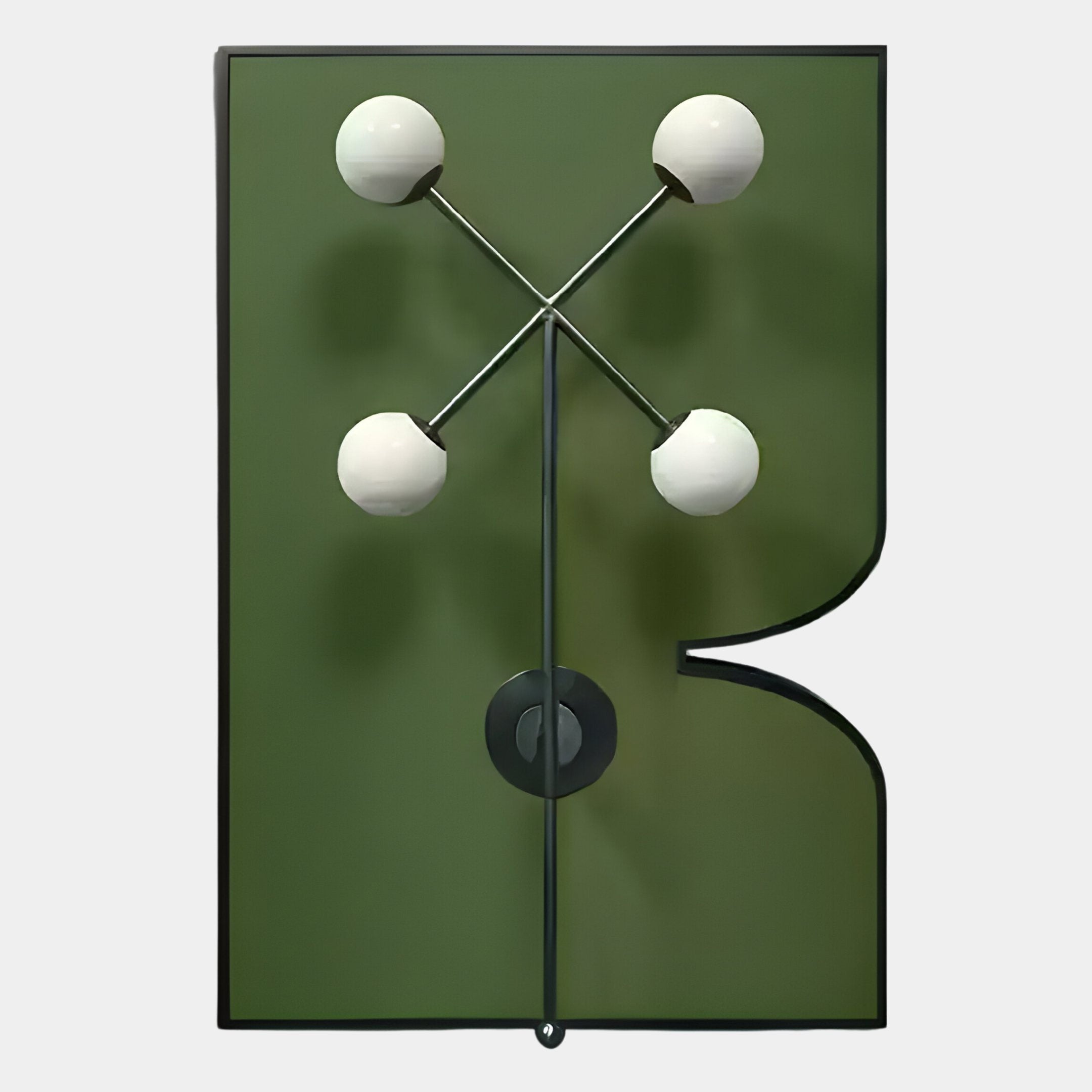 The Axial Elegance Green Symmetrical Metal Wall Art by Giant Sculptures features a green rectangular backing and four white globe bulbs in an X shape on black rods, making it ideal for modern interiors.