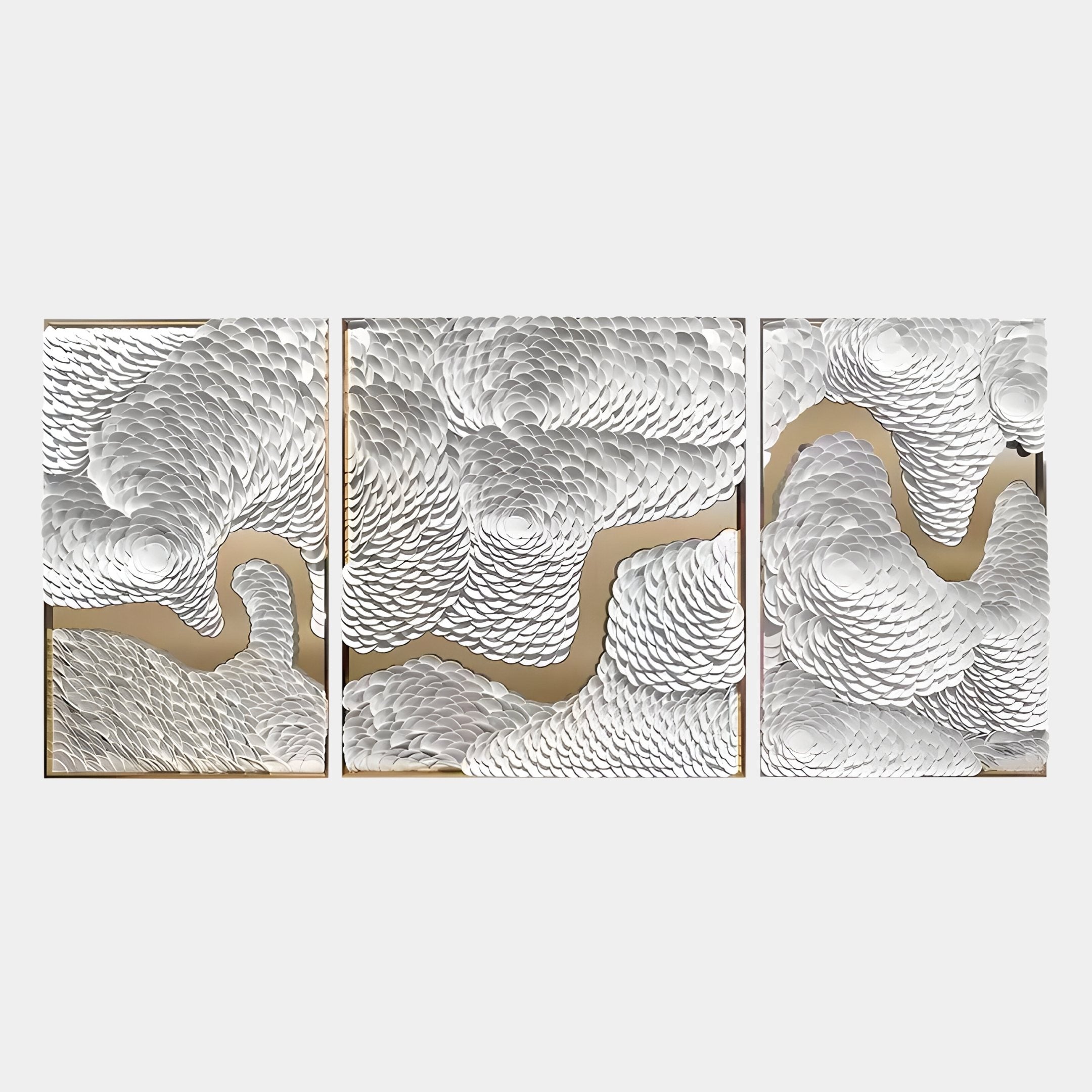 The Riverine Flow Pearl White Textured Triptych Wall Art by Giant Sculptures showcases swirling white patterns and gold accents on a metallic background, bringing contemporary style and dynamic depth to your space.