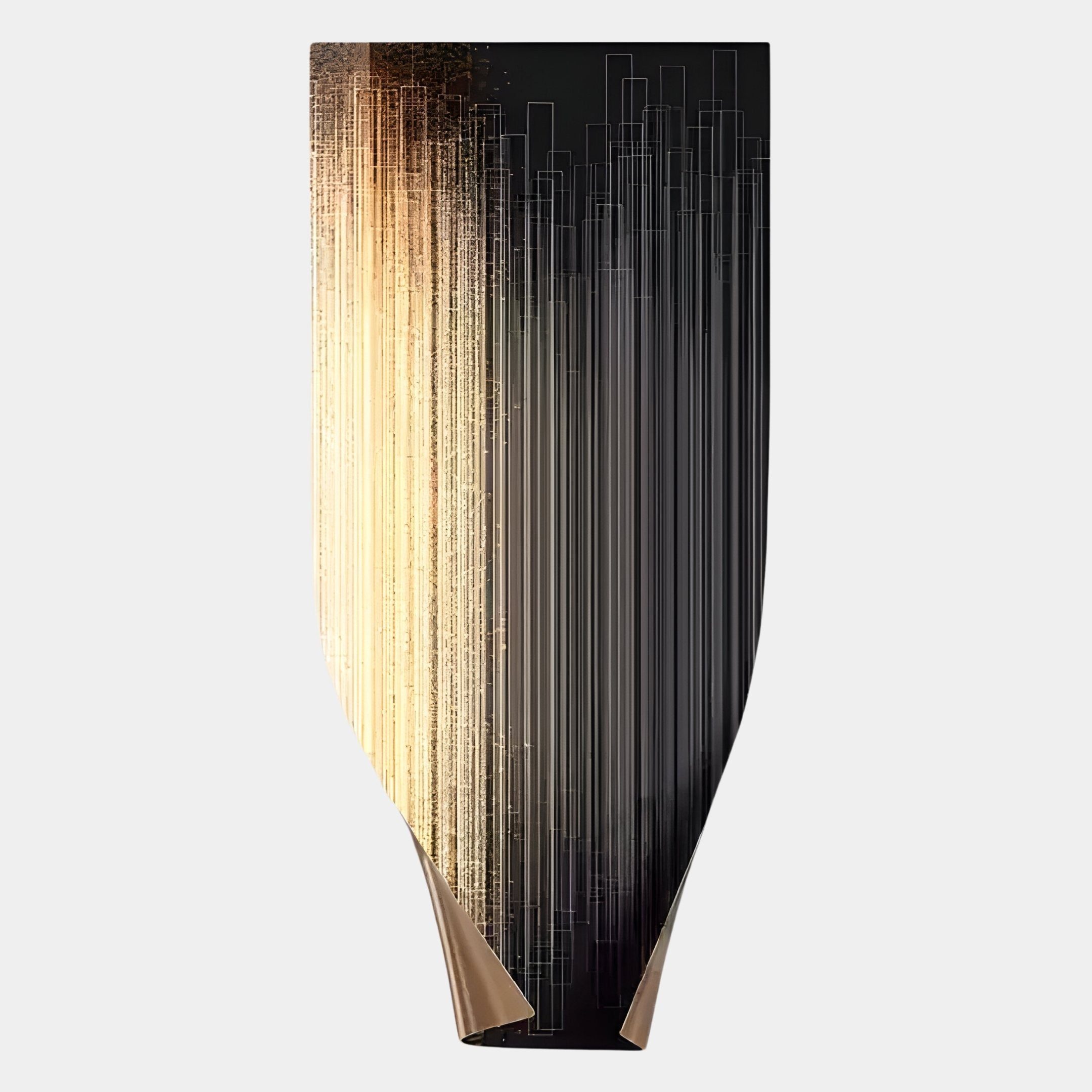 The Celestial Luminous Skyline Curved Vertical Abstract Metal Wall Art by Giant Sculptures features a sleek, tall design with glossy black transitioning to gold, vertical lines, geometric patterns, and a gently folded base revealing a gold interior.