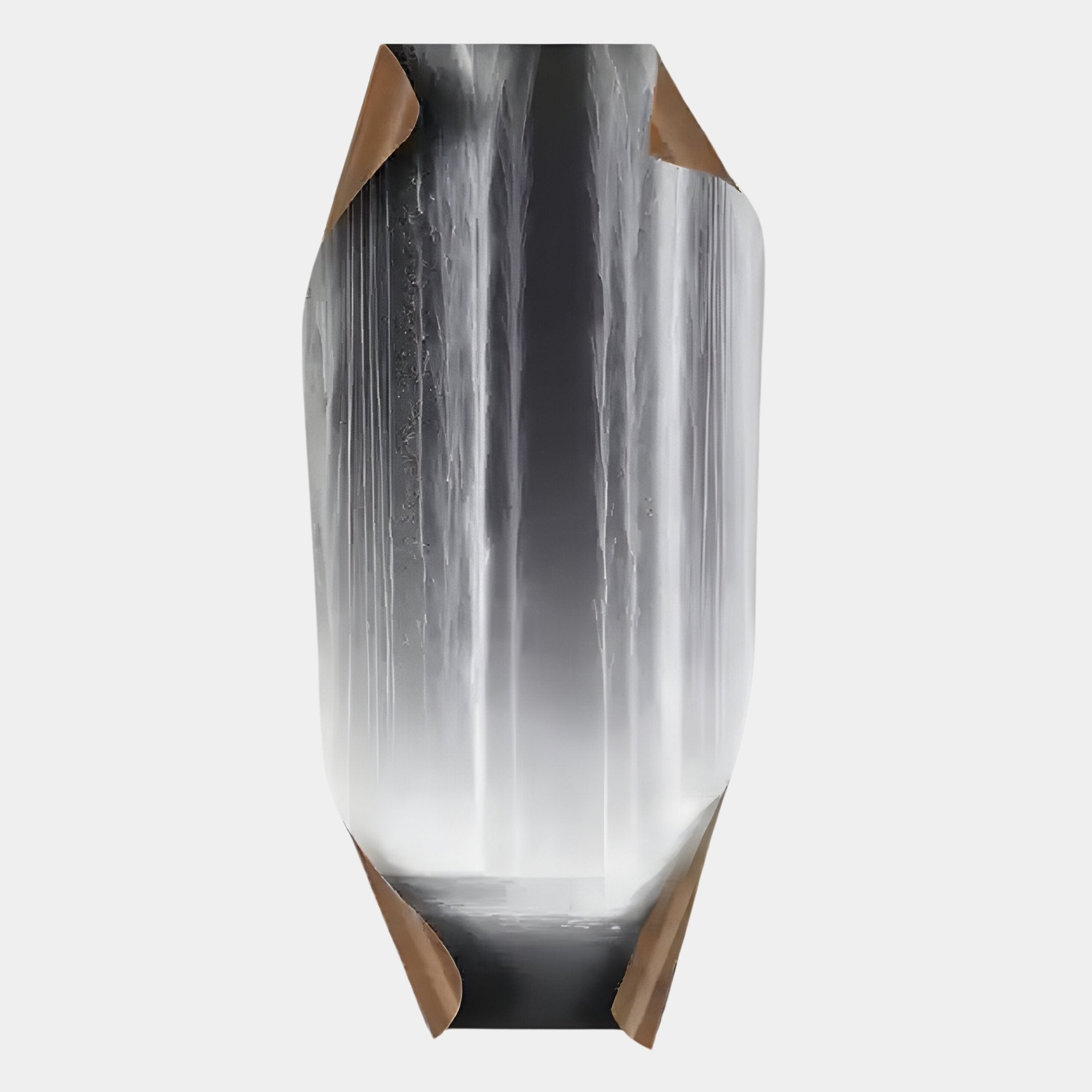 The Celestial Flow Waterfall Edge Folded Abstract Metal Wall Art by Giant Sculptures features cascading waterfalls with mist, partially unrolled from brown paper—an ideal modern accent for contemporary interiors.