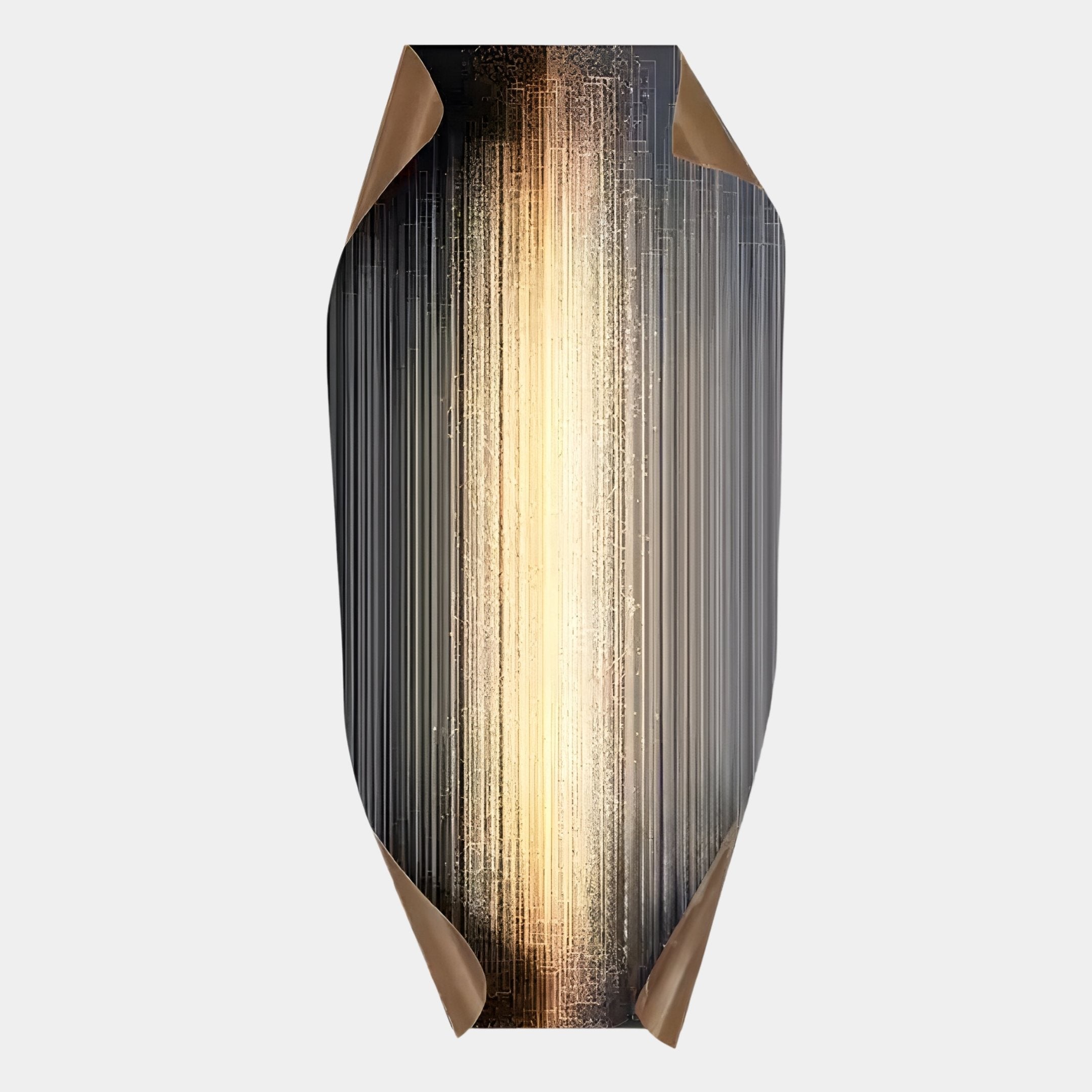 The Celestial Gold Radiance Edge Folded Abstract Metal Wall Art by Giant Sculptures features a black cylindrical body with vertical golden accents and curved bronze edges, embodying true contemporary elegance.