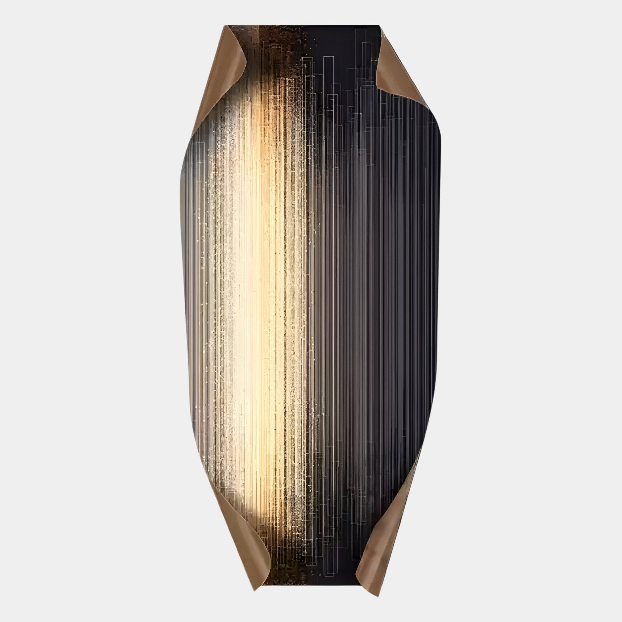 The Celestial Luminous Skyline Edge Folded Abstract Metal Wall Art by Giant Sculptures features vertical golden and white light streaks on a dark background, with curled corners revealing a brown underside—ideal for modern interiors.