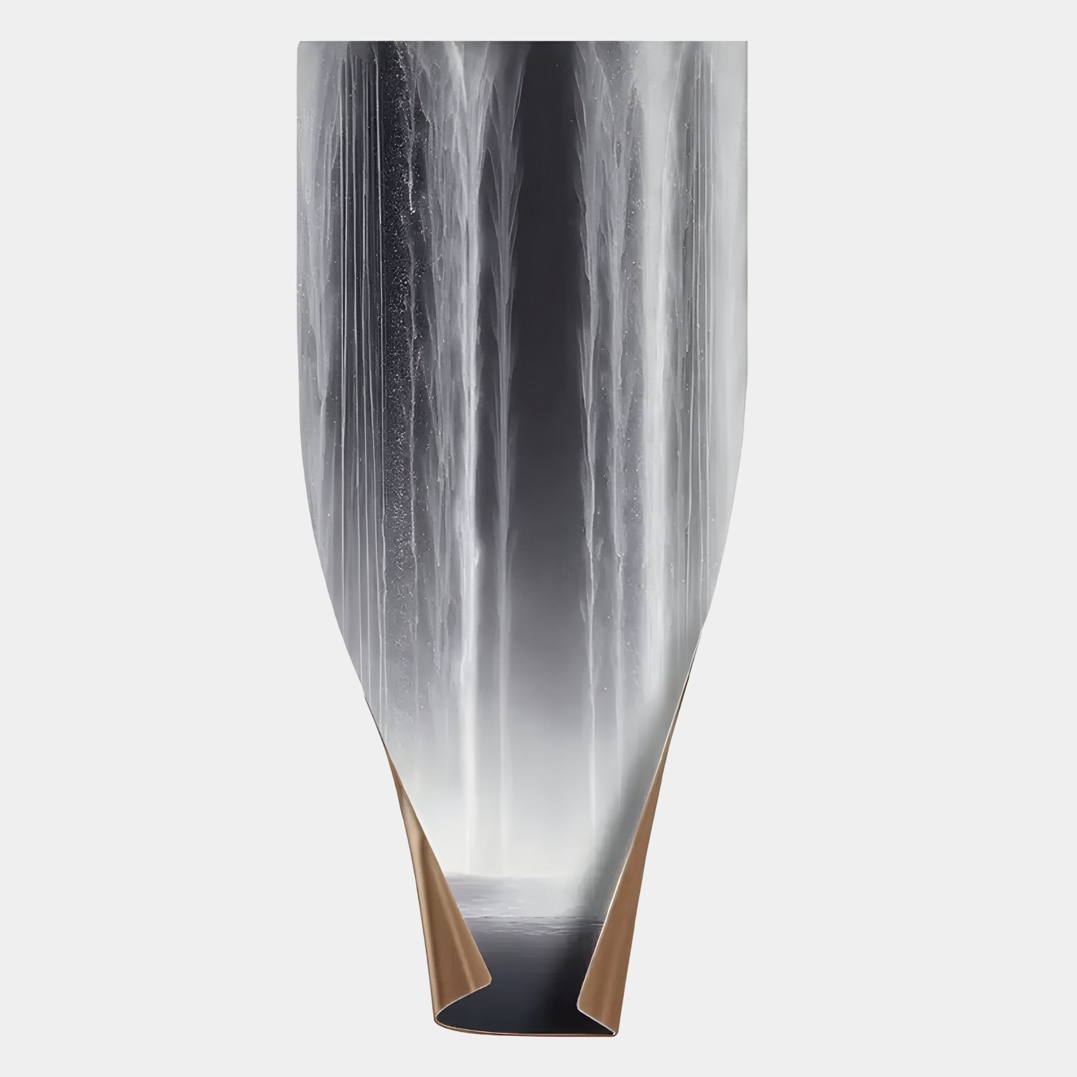 Celestial Flow Waterfall Vertical Abstract Metal Wall Art by Giant Sculptures features a grayscale waterfall image within a rolled, brown-edged frame—ideal as modern interior decor or stainless steel wall art.