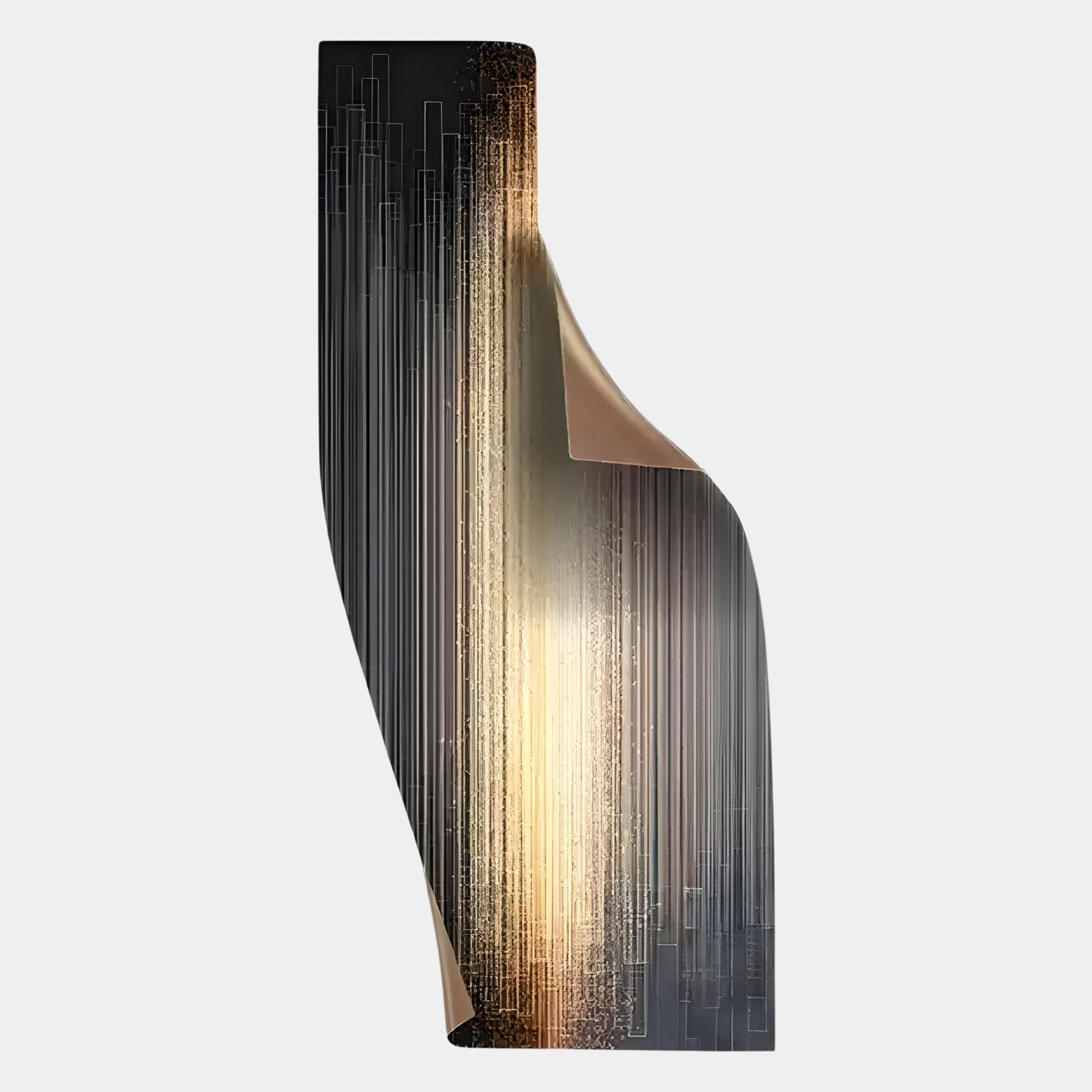 The Celestial Gold Radiance Curved Angled Abstract Metal Wall Art by Giant Sculptures features a tall, abstract black and gold design with linear patterns, evoking celestial radiance against a plain white background.