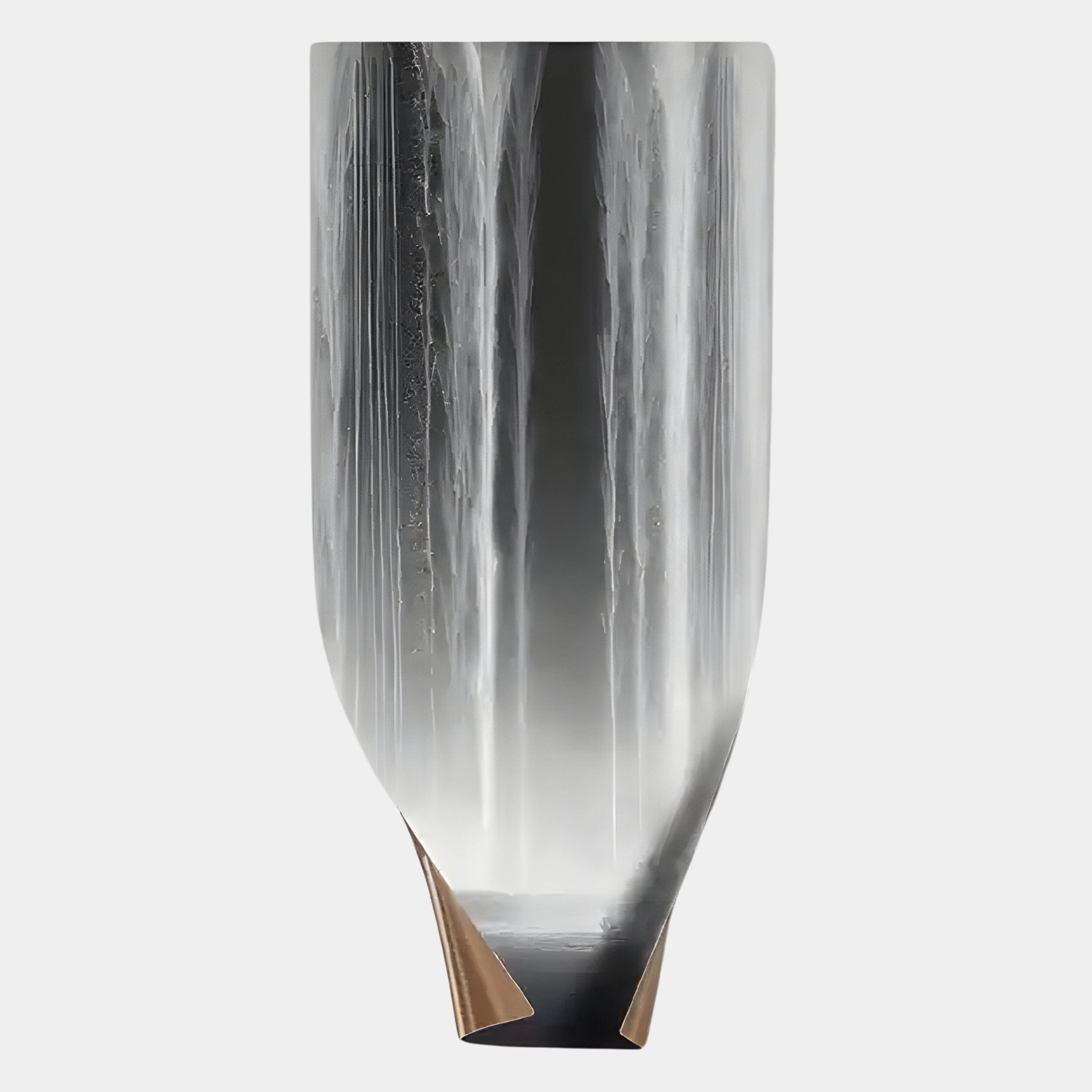 The Celestial Flow Waterfall Curved Vertical Abstract Metal Wall Art by Giant Sculptures features a sleek, reflective silver finish with waterfall-like streaks and a base revealing a contrasting brown layer—perfect for contemporary interiors.
