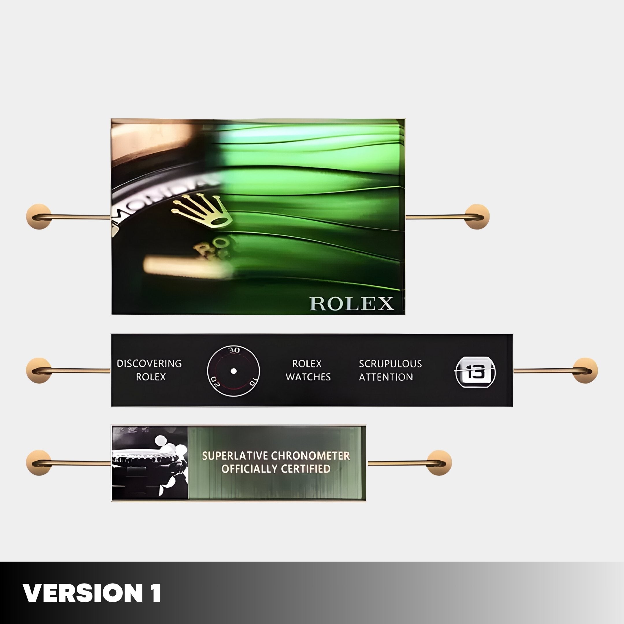 A graphic titled Version 1 showcases three horizontal panels with the Rolex logo, green watch face, and labeled sections—an elegant Visario Rolex Inspired Luxury Metal Wall Art by Giant Sculptures.