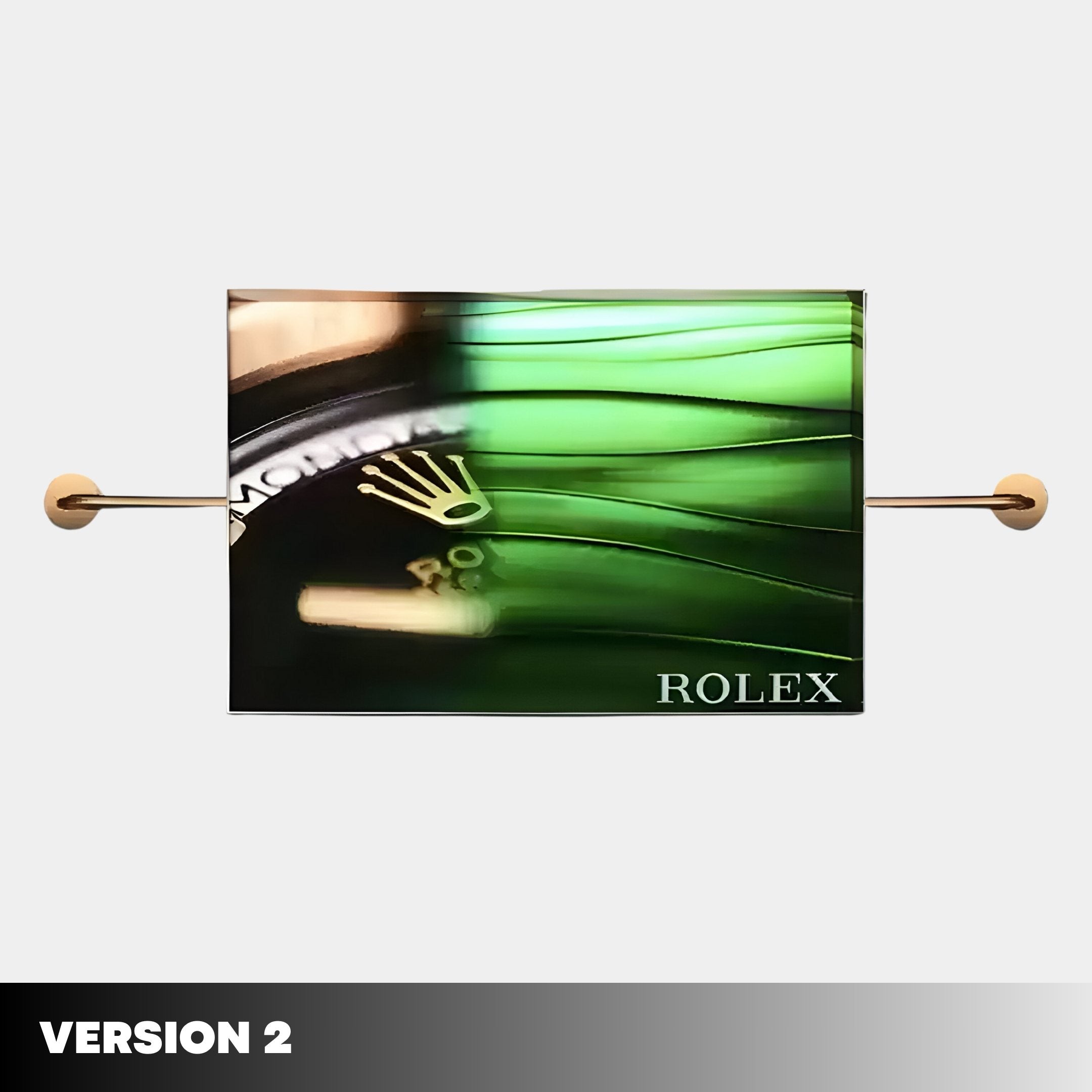 The Visario Rolex Inspired Luxury Metal Wall Art by Giant Sculptures features a green wave pattern, Rolex crown logo, and ROLEX text, suspended between wooden pegs on white with VERSION 2 at the bottom left.