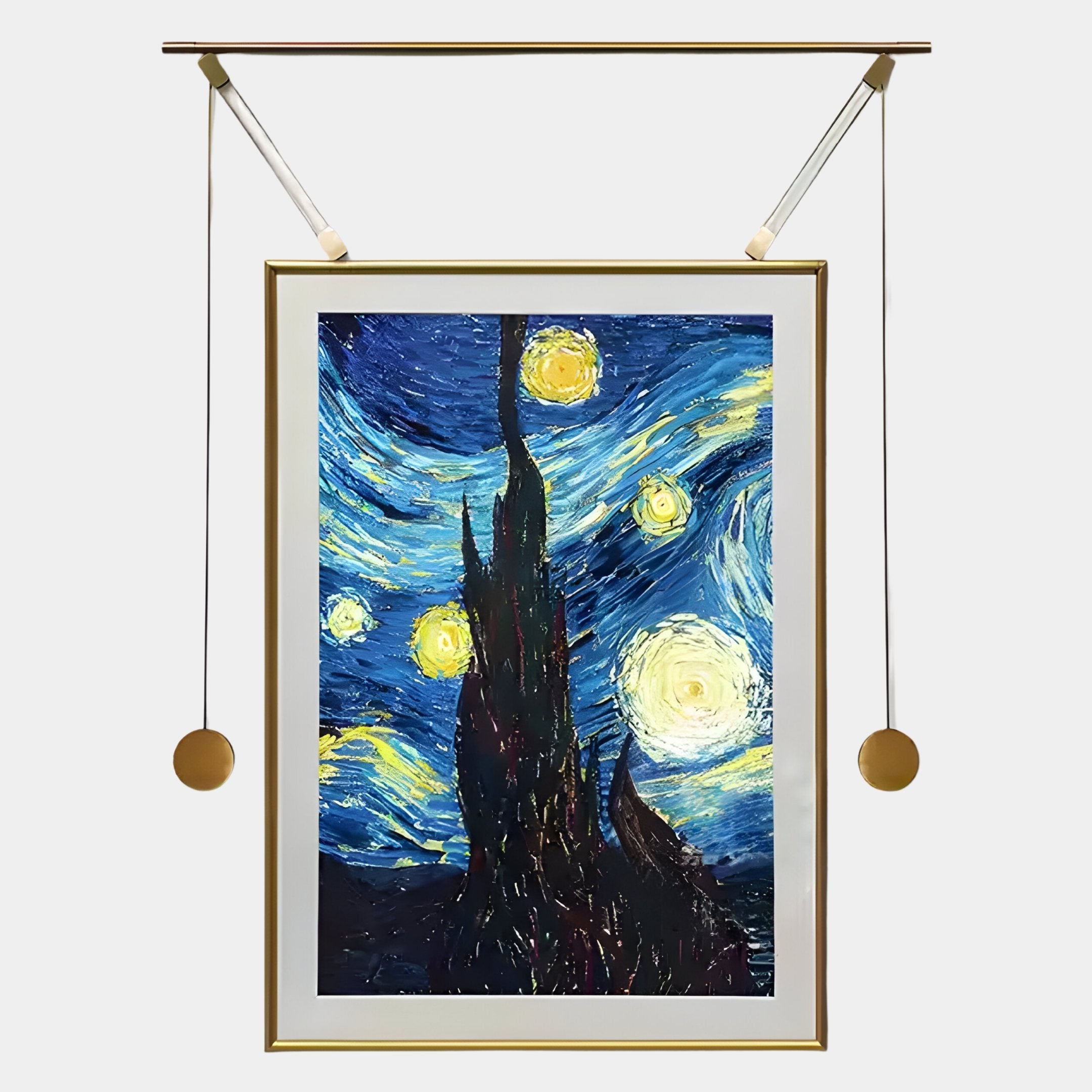 The Reverra Starry Night Classic Hanging Frame Wall Art by Giant Sculptures features Van Gogh’s iconic swirling skies, stars, and cypress tree, elegantly displayed with gold rods and decorative hanging weights.