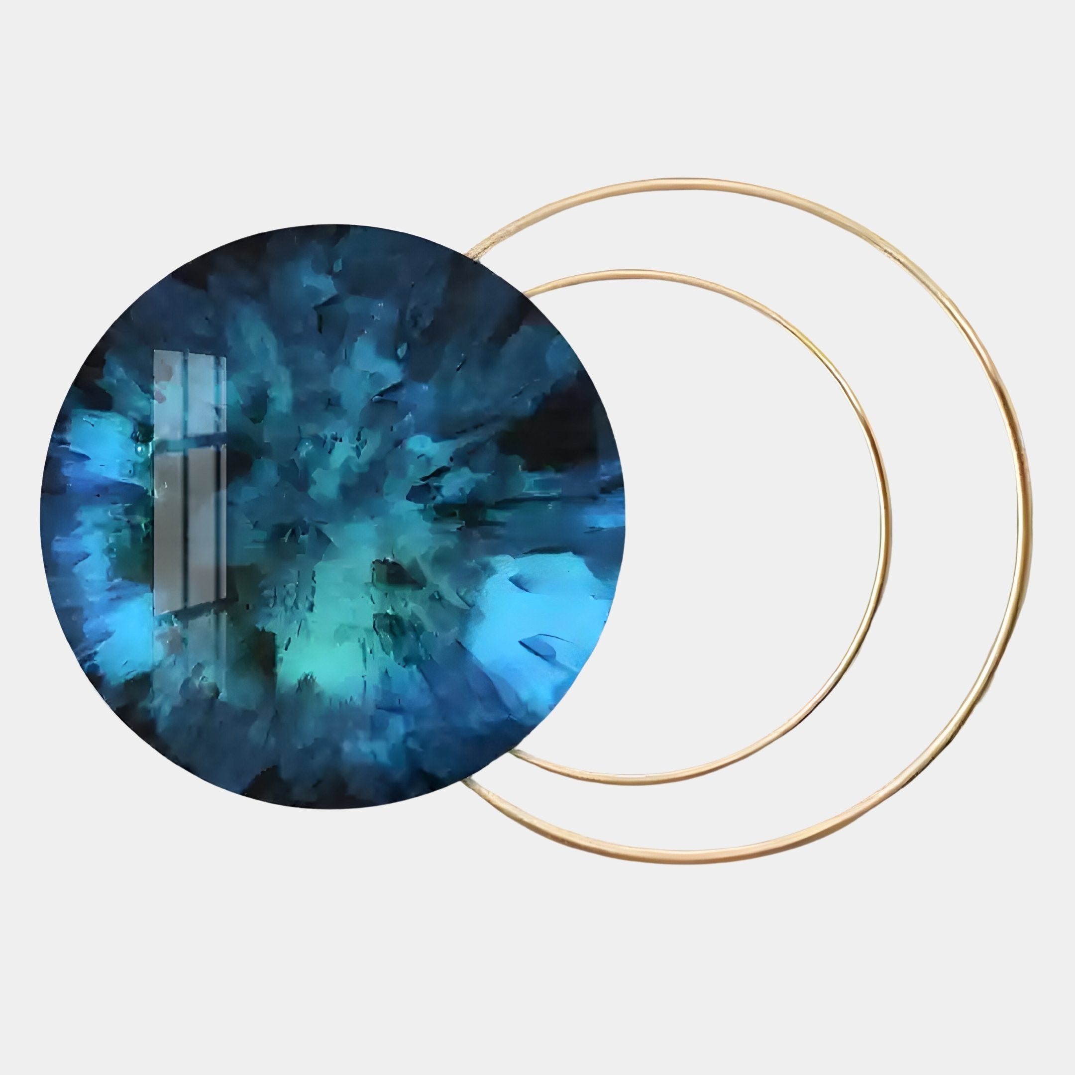 The Eclipse Luxe Azure Radiance Circular Ring Wall Art by Giant Sculptures features a bold blue and teal gemstone with gold rings, creating a radiant focal point—perfect for modern interiors.