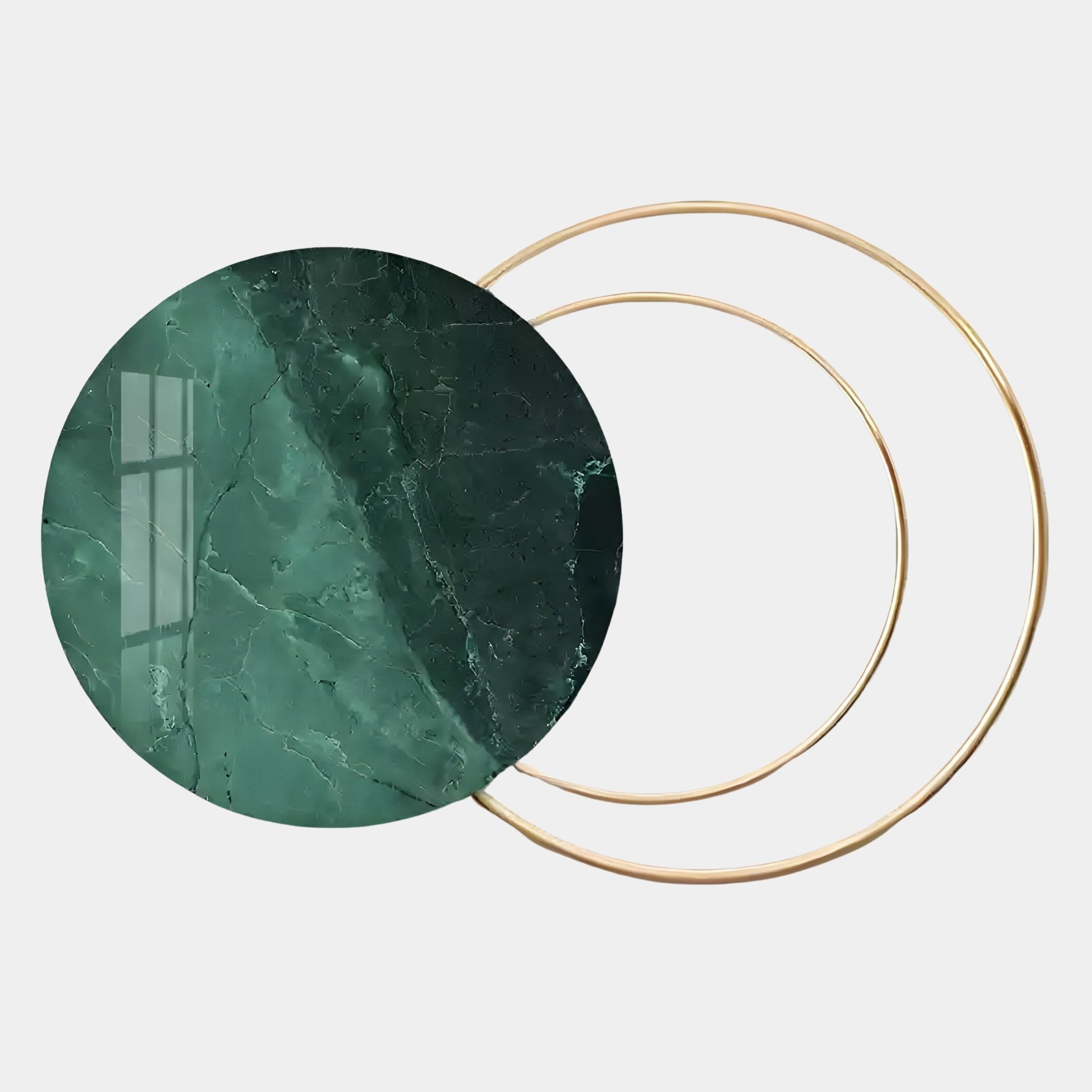 The Eclipse Luxe Noir Marble Green Circular Ring Wall Art by Giant Sculptures features a large green marble circle with a window reflection overlapping two thin gold rings—ideal for modern luxury decor.