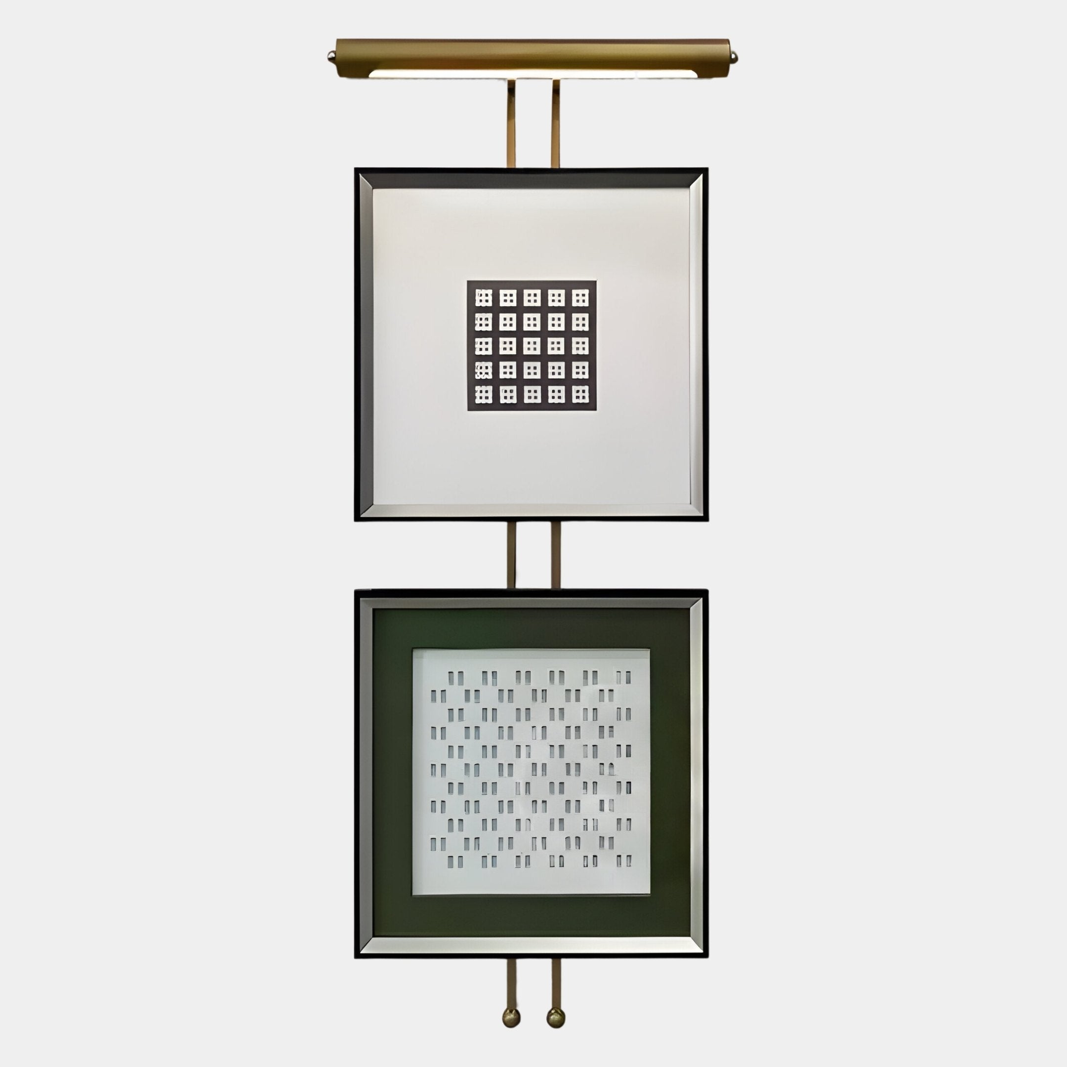 The Artisera Quadratic Harmony Modern Dual Frame Built-In Light Wall Art by Giant Sculptures features two square frames on a vertical rod with a gold light, showcasing bold geometric design for striking impact in contemporary spaces.