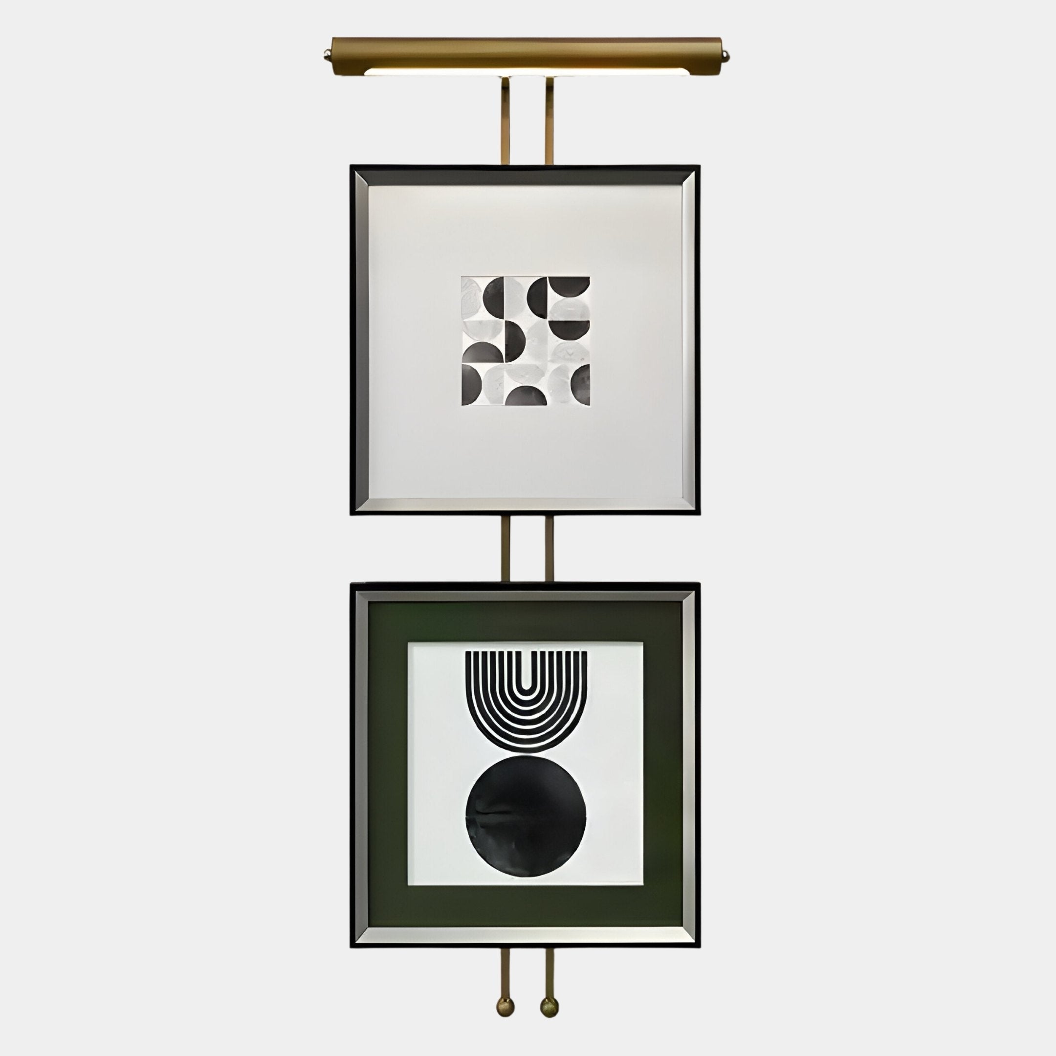The Artisera Monochrome Symphony Minimalist Dual Frame Built-In Light Wall Art by Giant Sculptures features two vertically aligned black-and-white abstract prints in square frames, connected by metal rods and enhanced with built-in lighting for modern interiors.