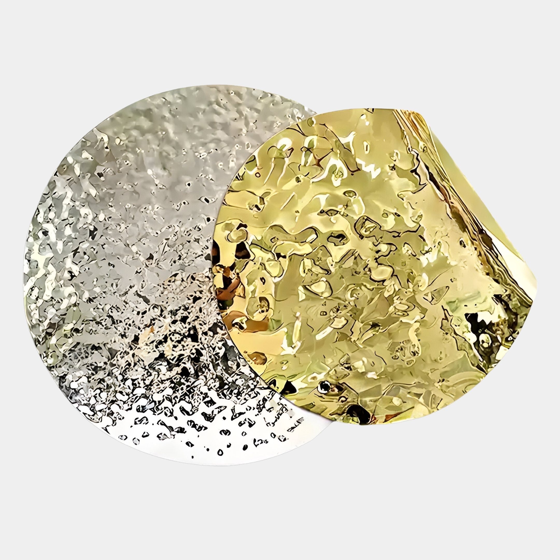 Metaluxe III Gold & Silver Dual Disc Textured 3D Wall Art by Giant Sculptures features overlapping crinkled gold and silver metallic sheets, with the gold disc’s edge partially curled for added dimension, evoking luxurious modern interiors.
